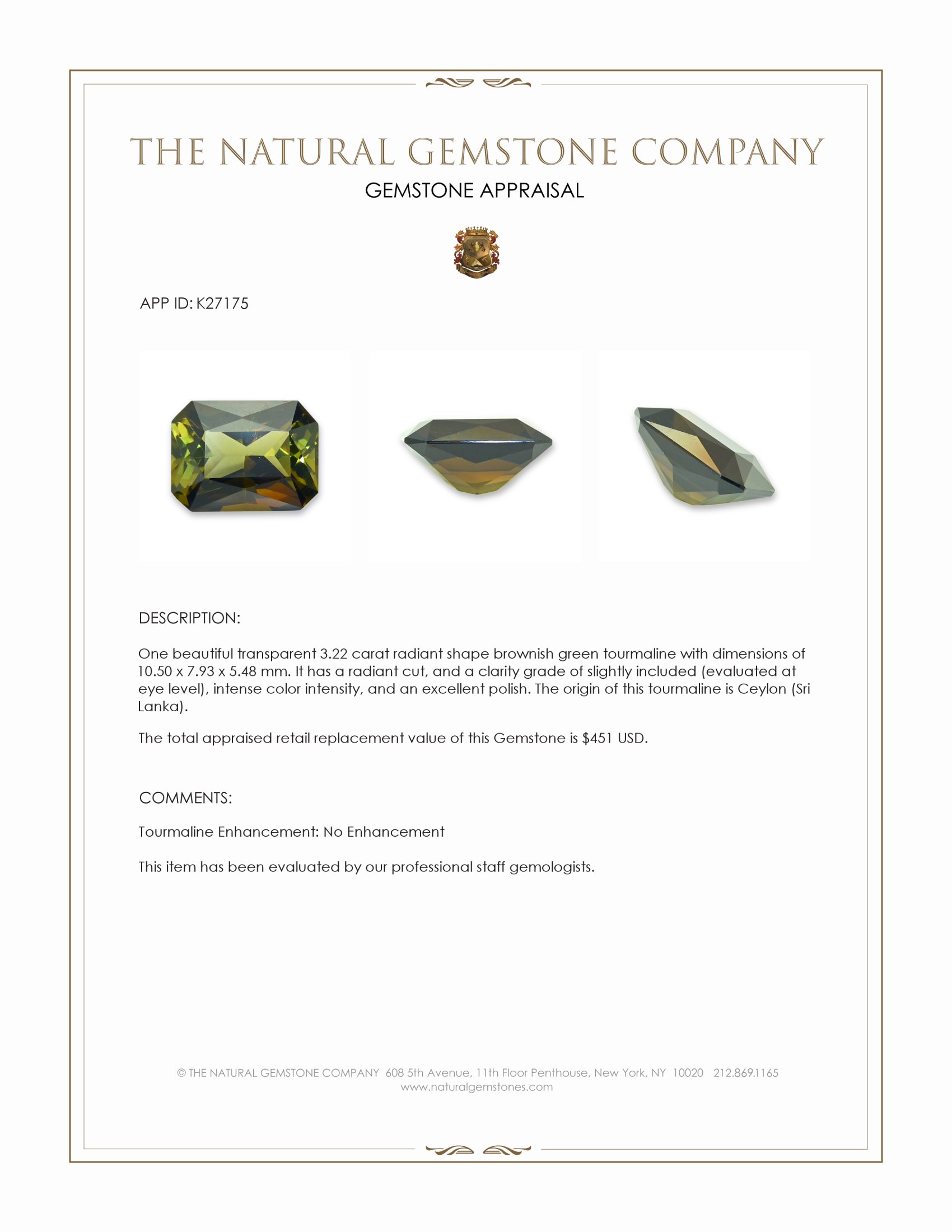 3.22 Ct. Brownish Green Tourmaline from Ceylon (Sri Lanka)