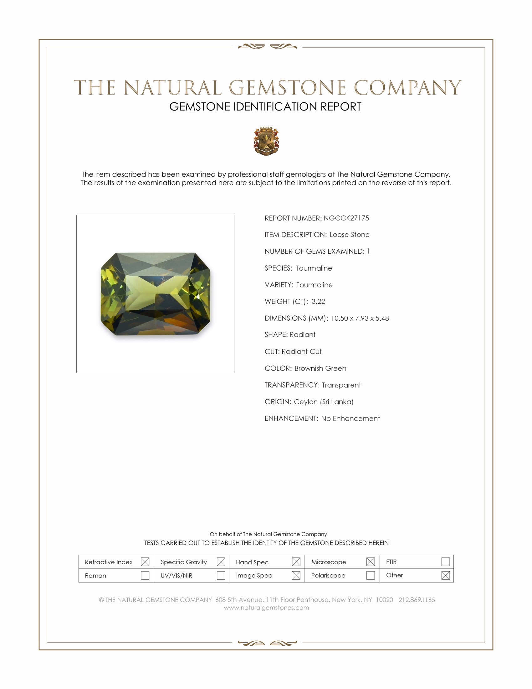 3.22 Ct. Brownish Green Tourmaline from Ceylon (Sri Lanka)