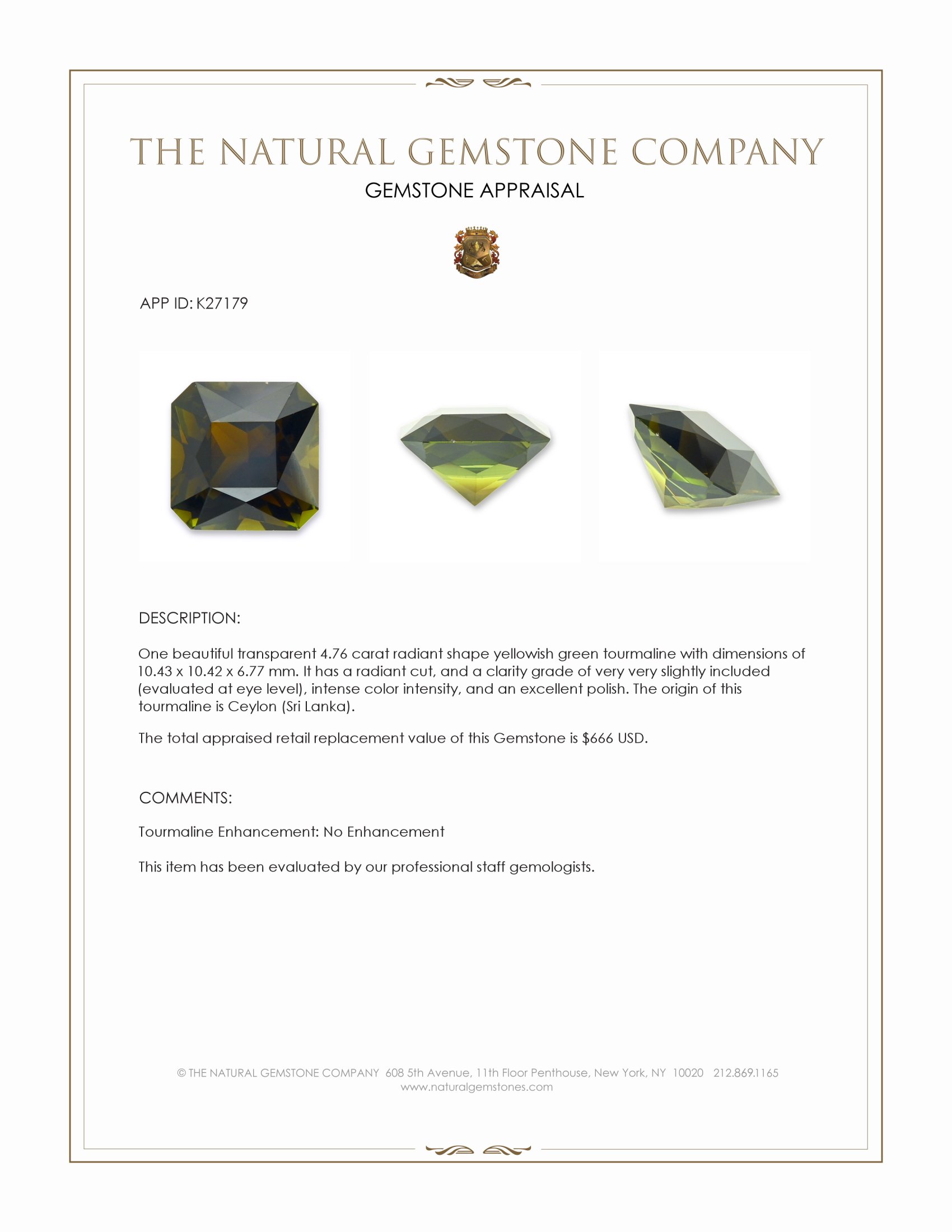 4.76 Ct. Yellowish Green Tourmaline from Ceylon (Sri Lanka)