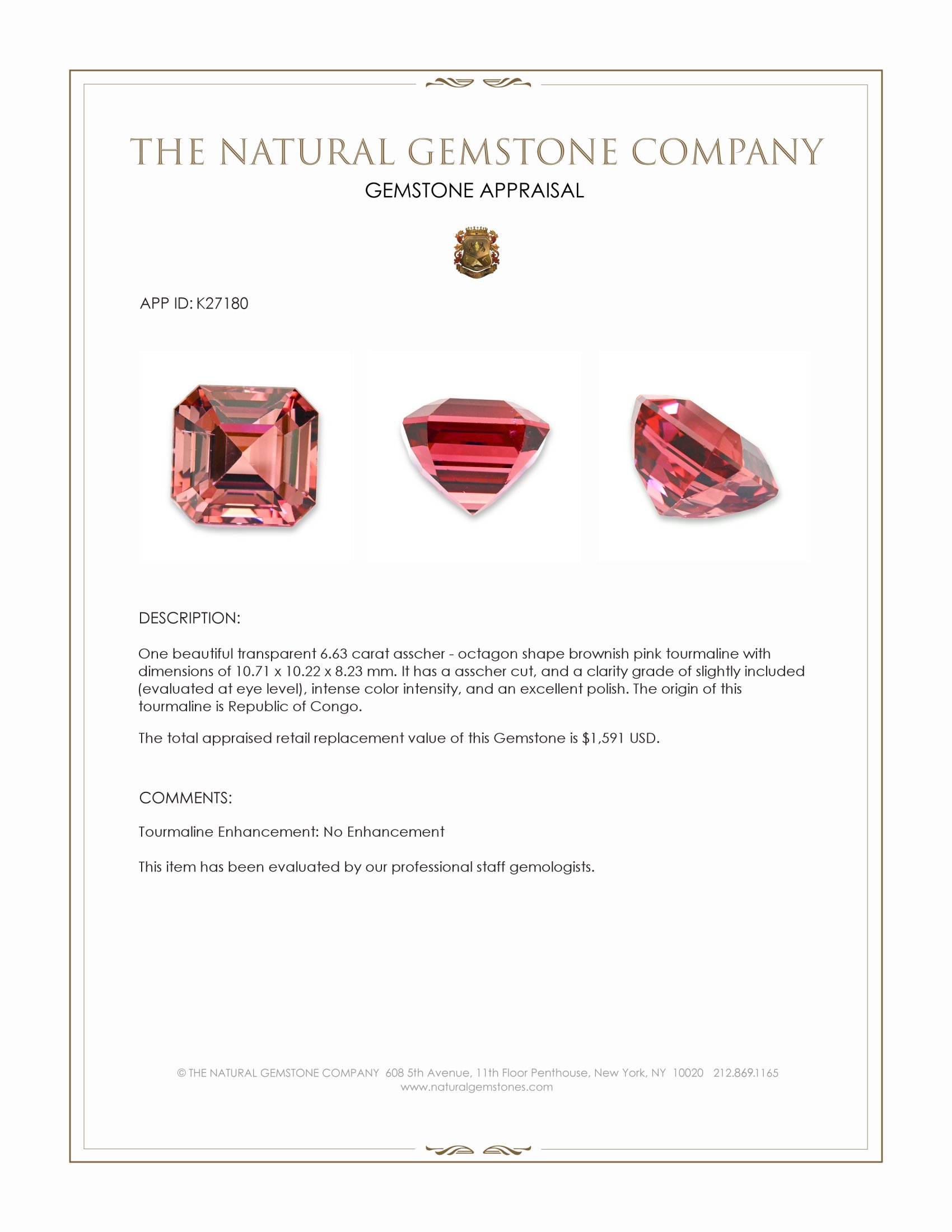 6.63 Ct. Brownish Pink Tourmaline from Republic of Congo