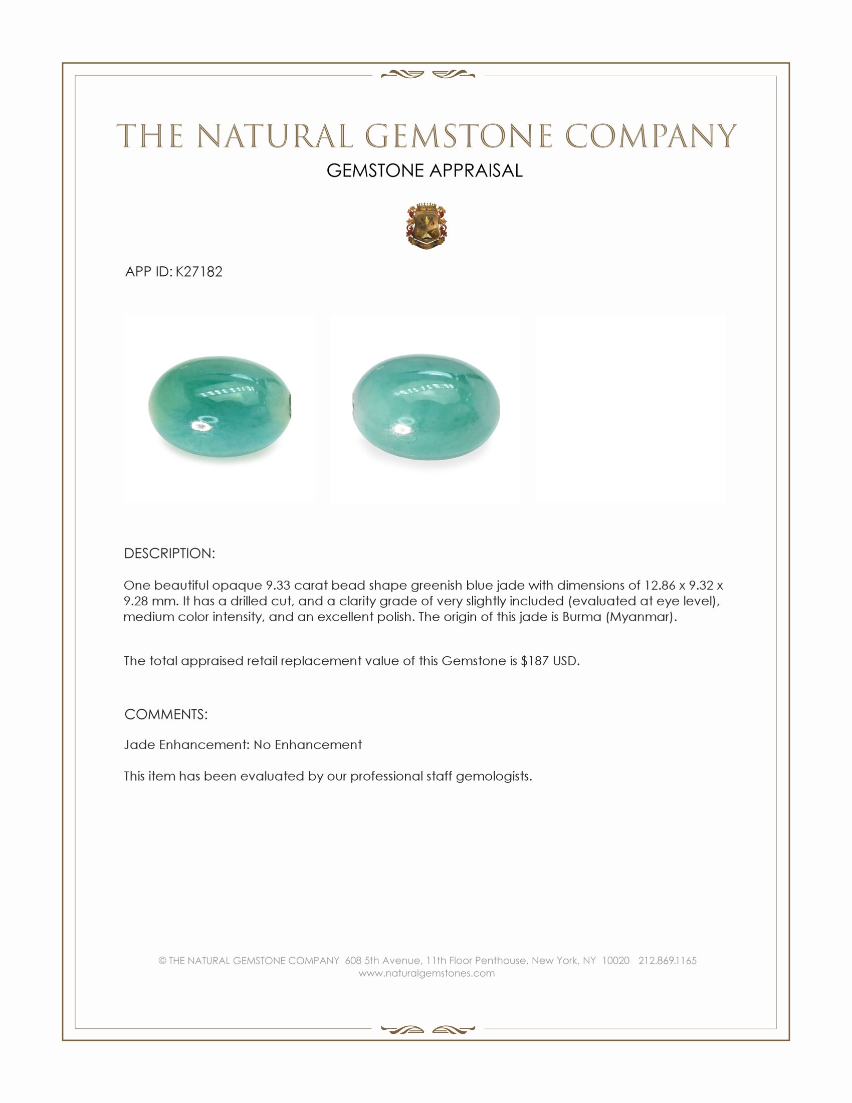 9.33 Ct. Greenish Blue Jade from Burma (Myanmar)