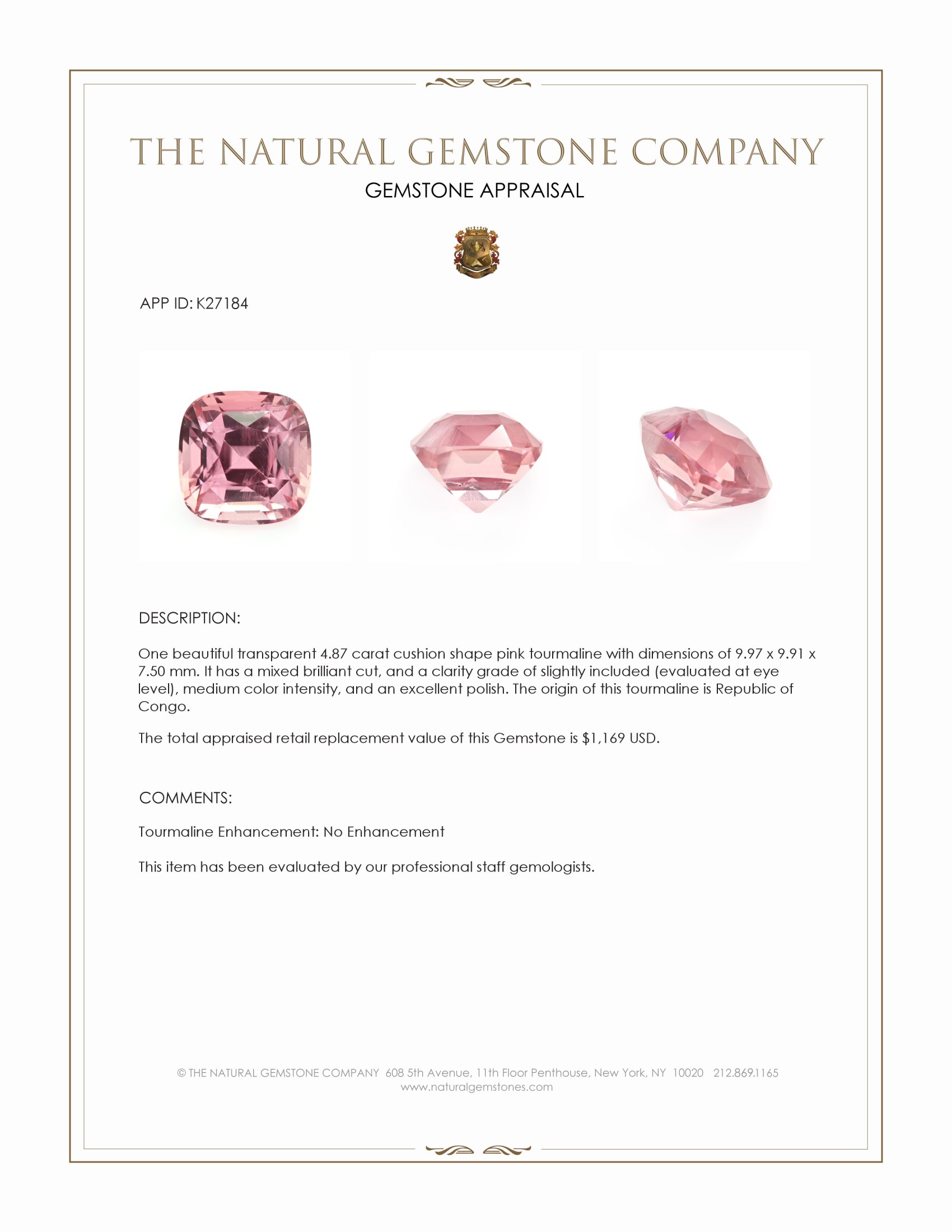 4.87 Ct. Pink Tourmaline from Republic of Congo