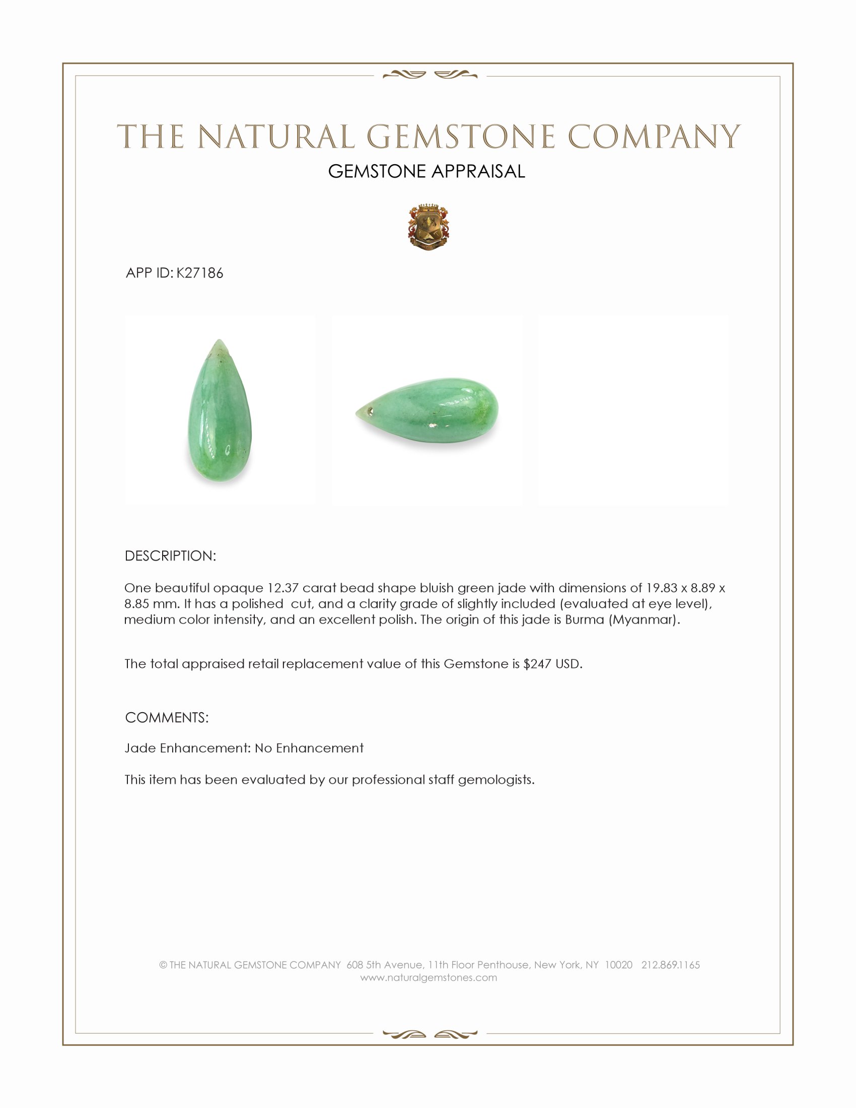 12.37 Ct. Bluish Green Jade from Burma (Myanmar)
