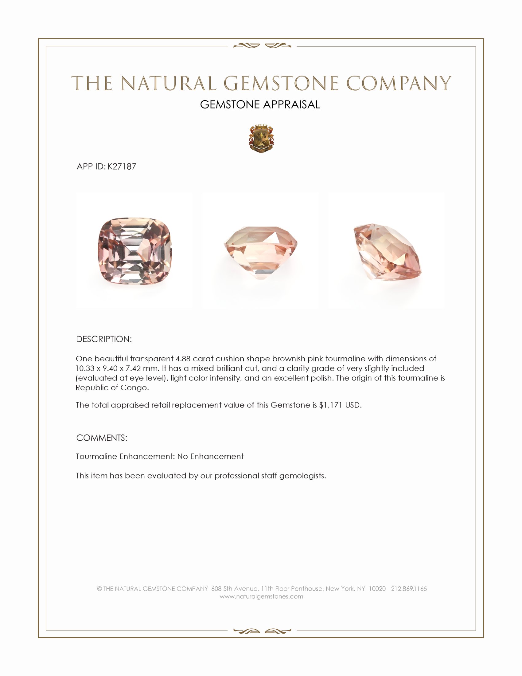 4.88 Ct. Brownish Pink Tourmaline from Republic of Congo