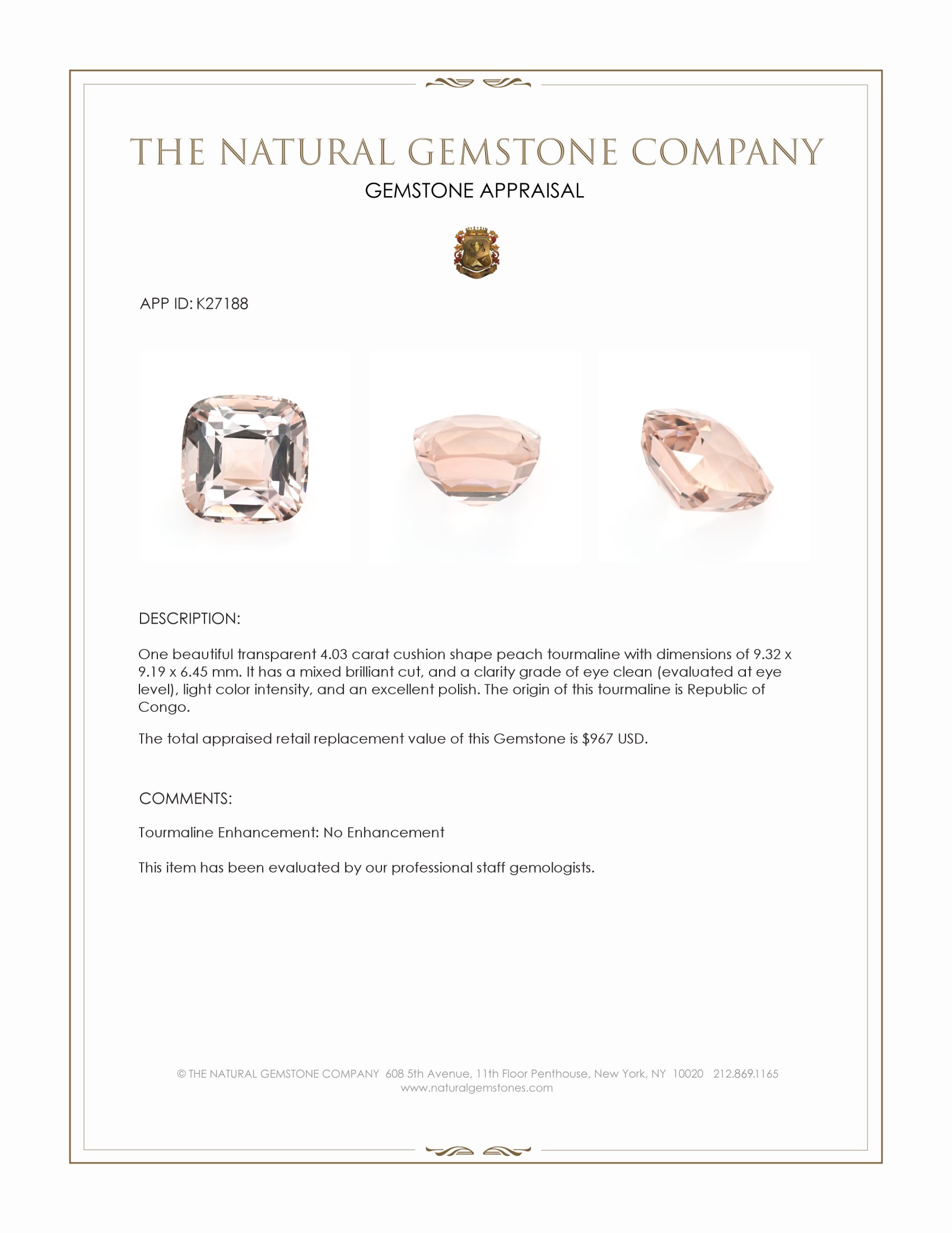 4.03 Ct. Peach Tourmaline from Republic of Congo
