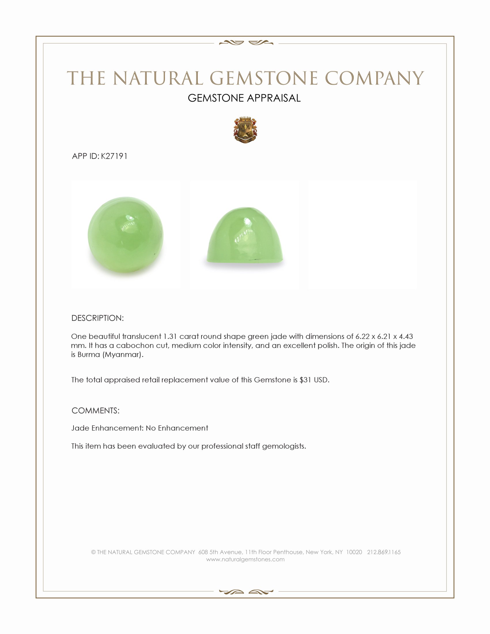 1.31 Ct. Green Cabochon Jade from Burma (Myanmar)