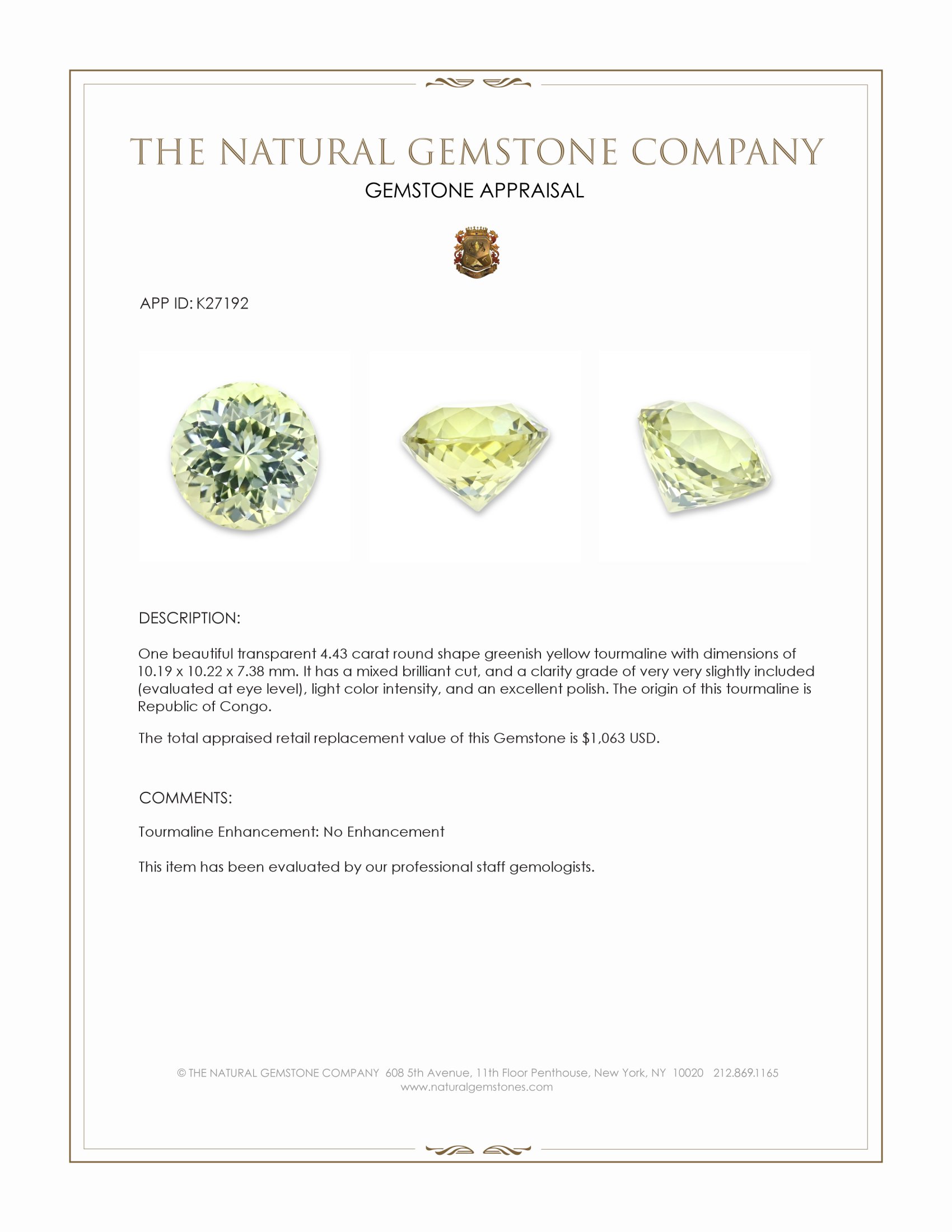 4.43 Ct. Greenish Yellow Tourmaline from Republic of Congo