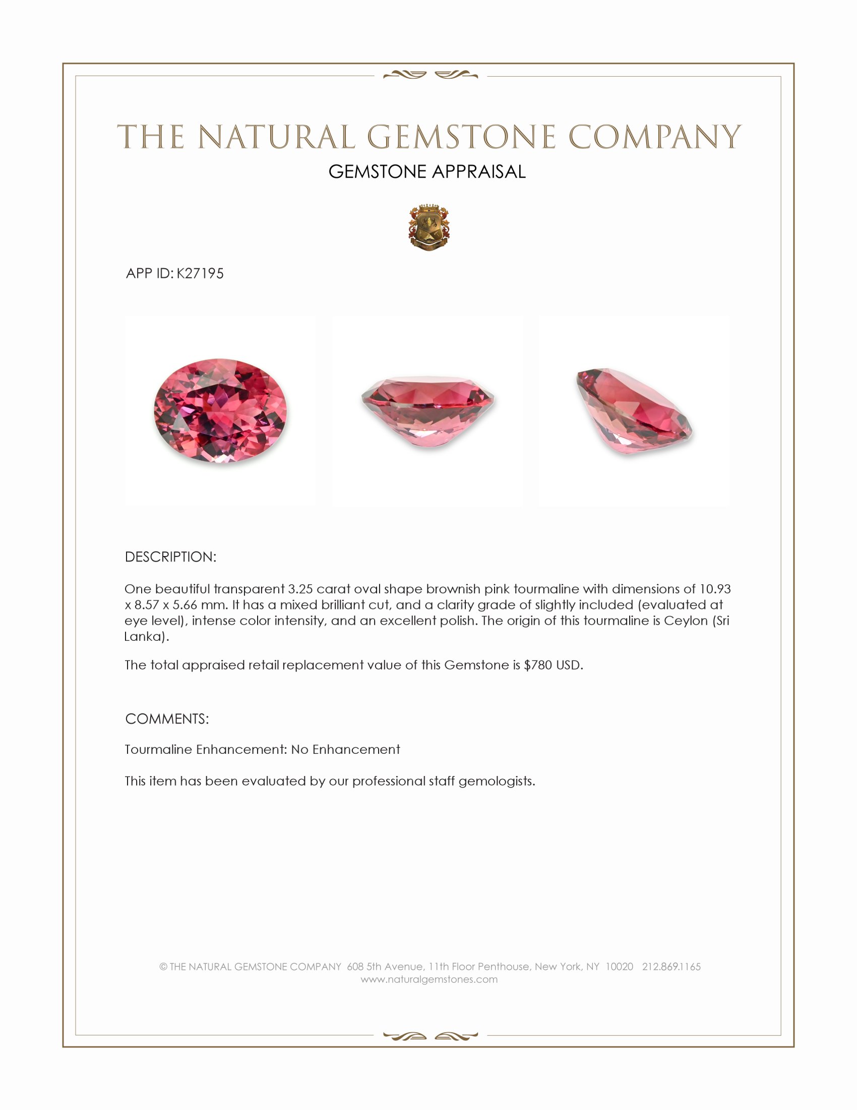 3.25 Ct. Brownish Pink Tourmaline from Ceylon (Sri Lanka)