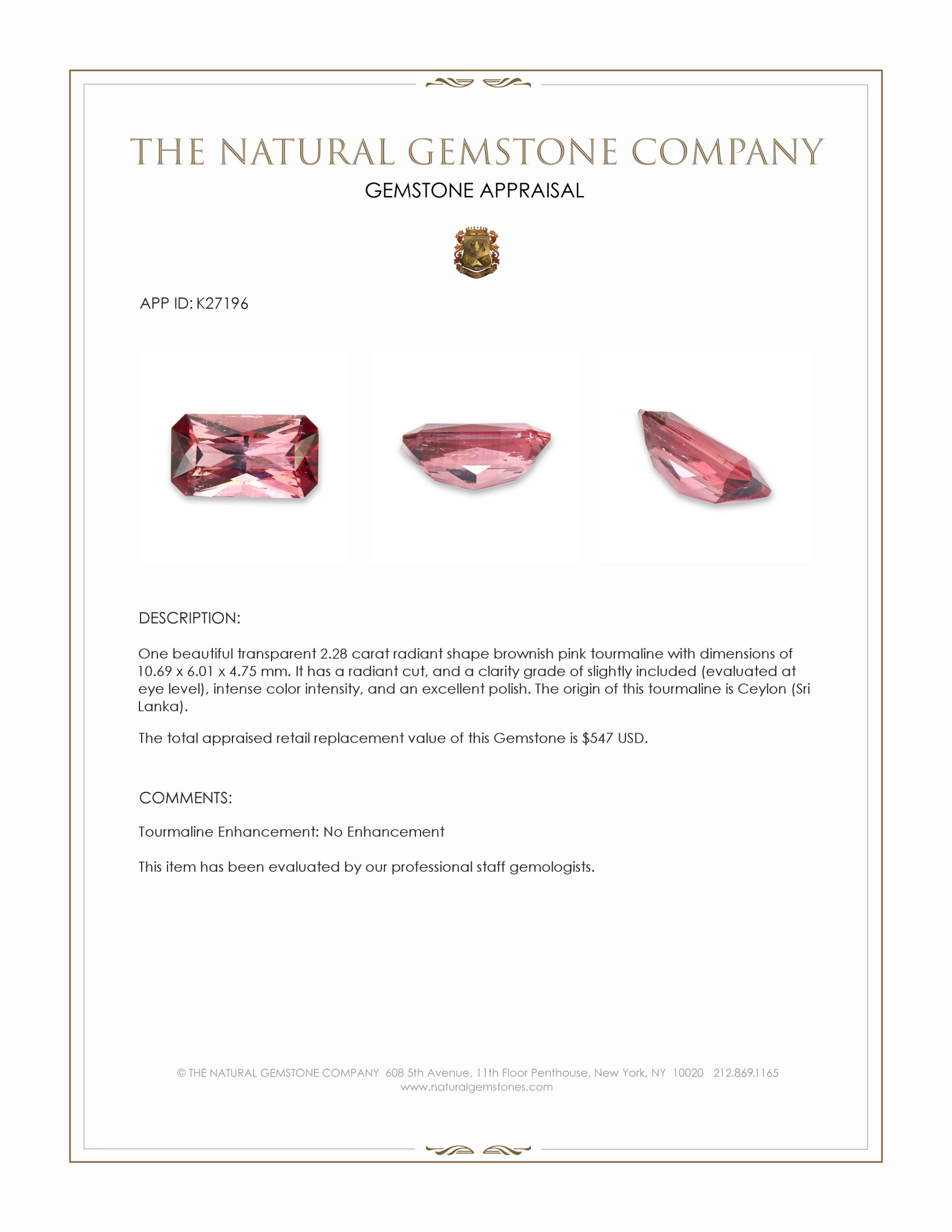 2.28 Ct. Brownish Pink Tourmaline from Ceylon (Sri Lanka)