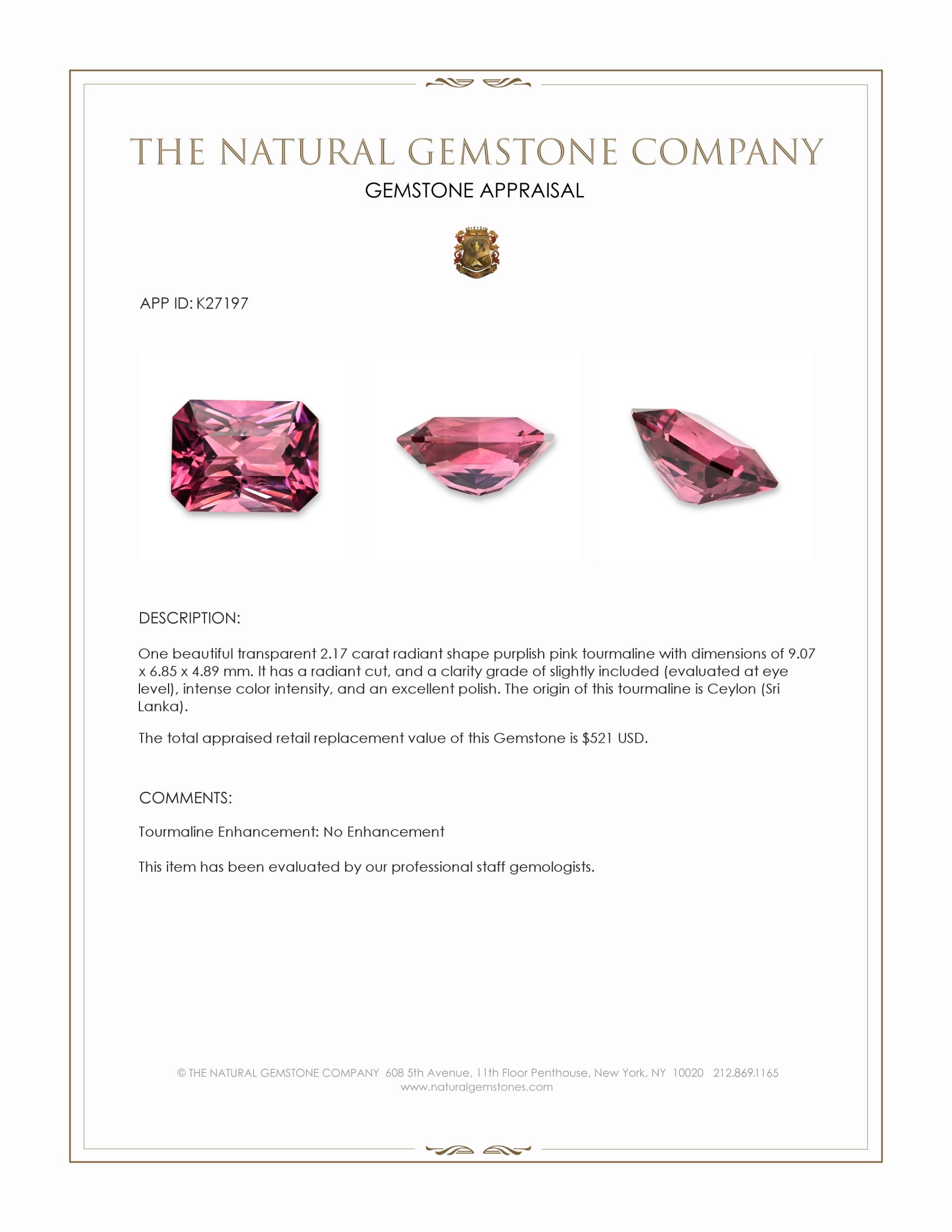 2.17 Ct. Purplish Pink Tourmaline from Ceylon (Sri Lanka)