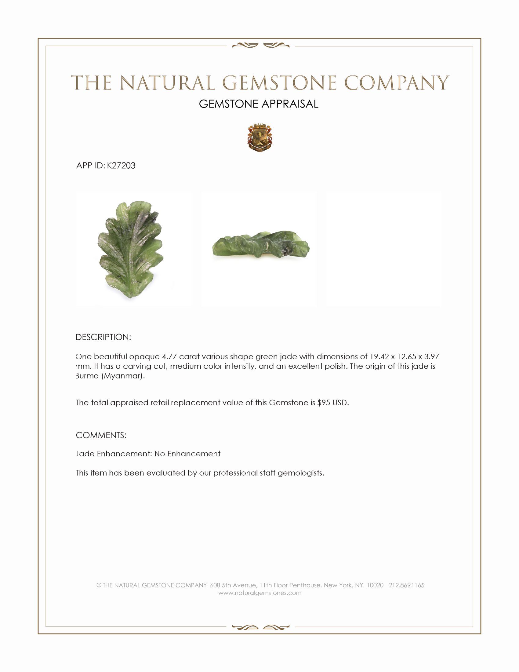 4.77 Ct. Green Jade from Burma (Myanmar)