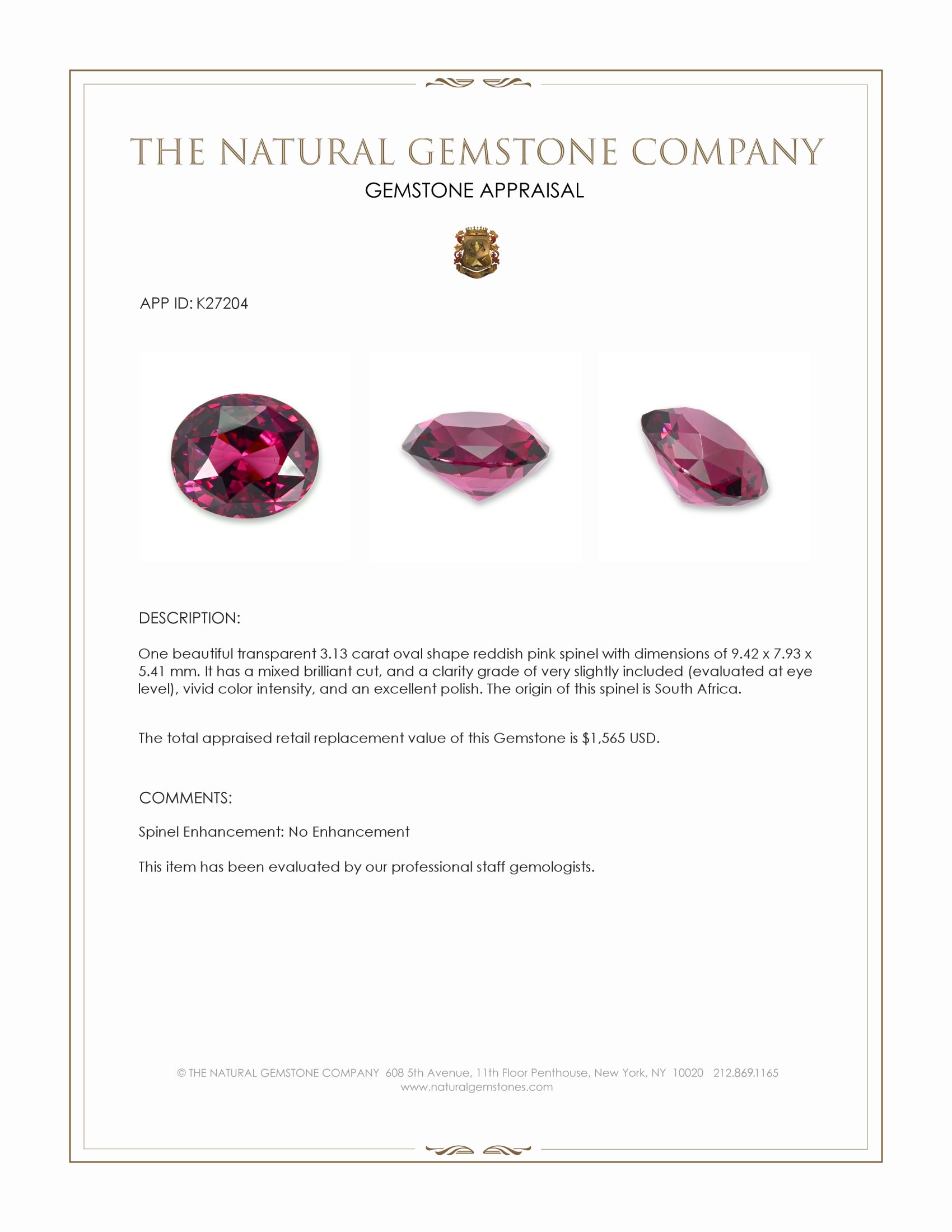3.13 Ct. Reddish Pink Spinel from South Africa