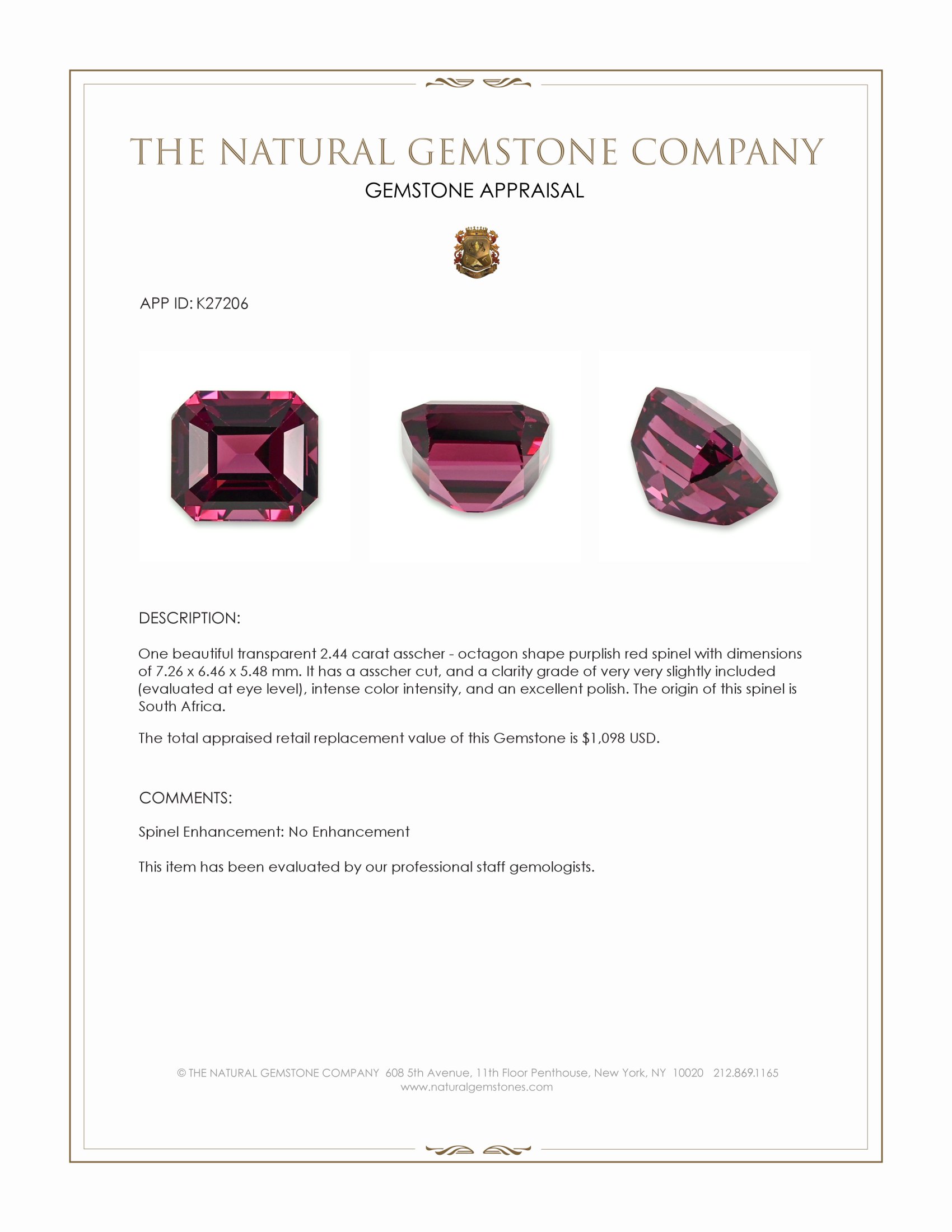 2.44 Ct. Purplish Red Spinel from South Africa