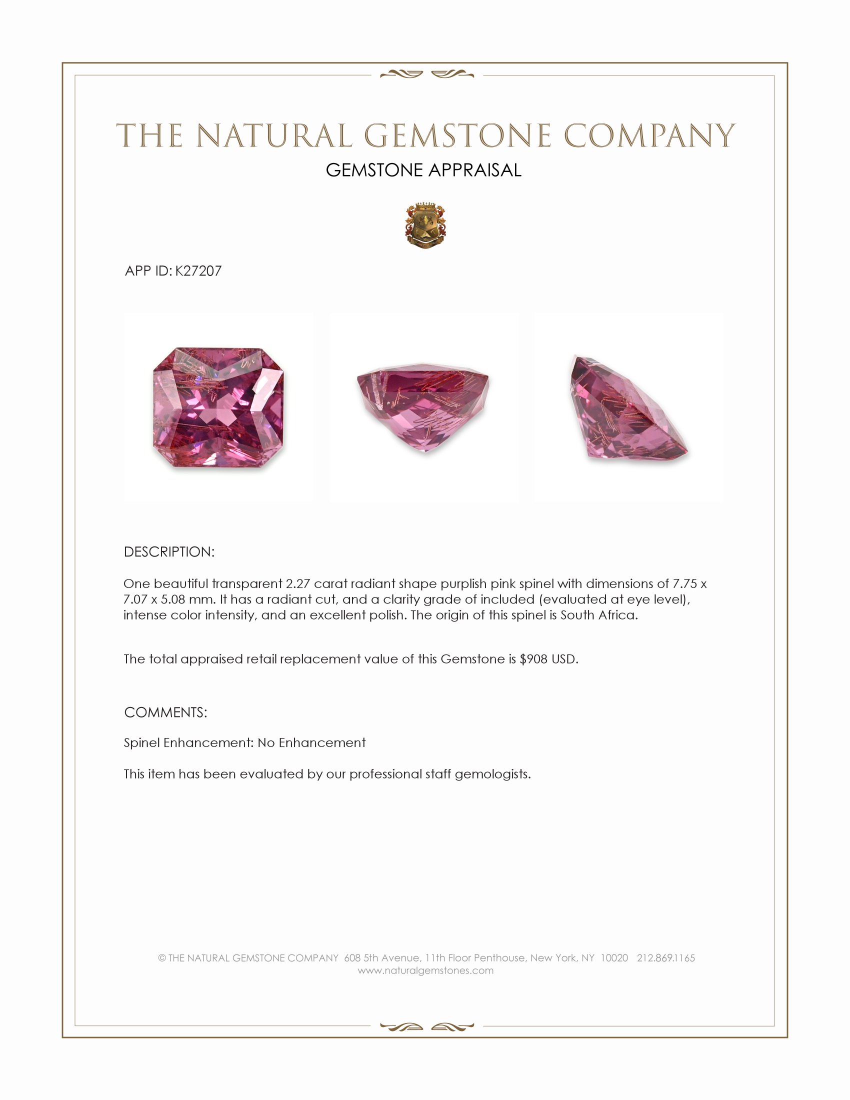 2.27 Ct. Purplish Pink Spinel from South Africa