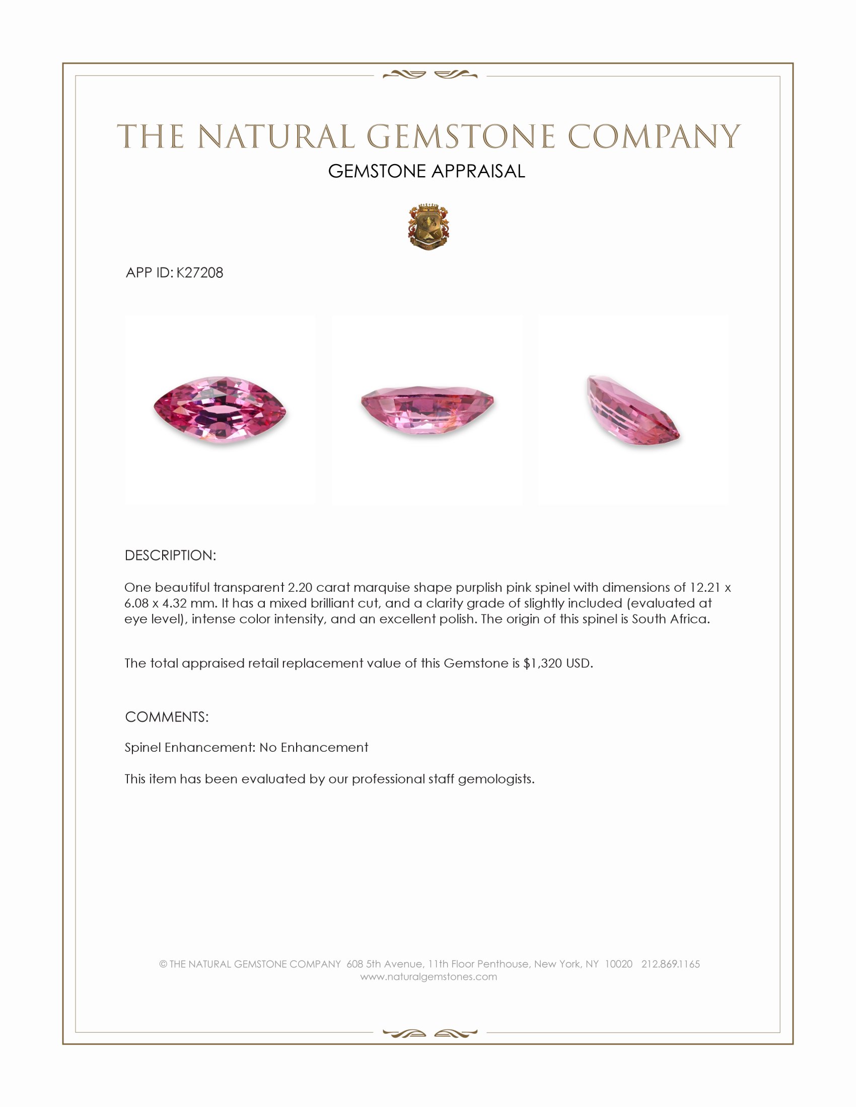 2.20 Ct. Purplish Pink Spinel from South Africa