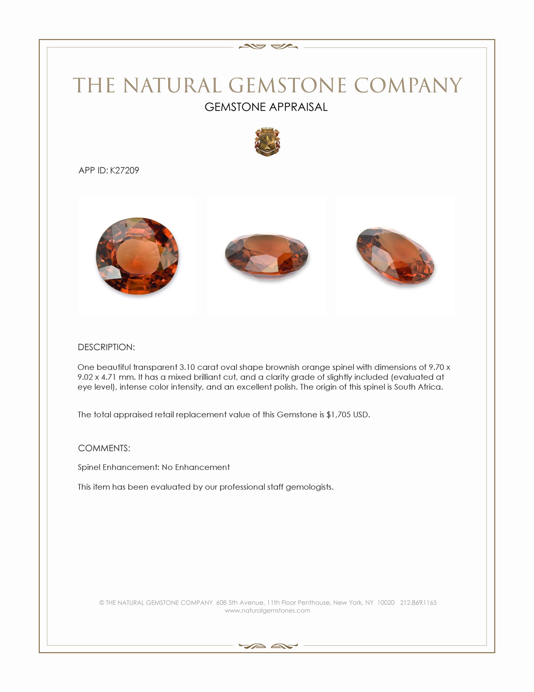 3.10 Ct. Brownish Orange Spinel from South Africa