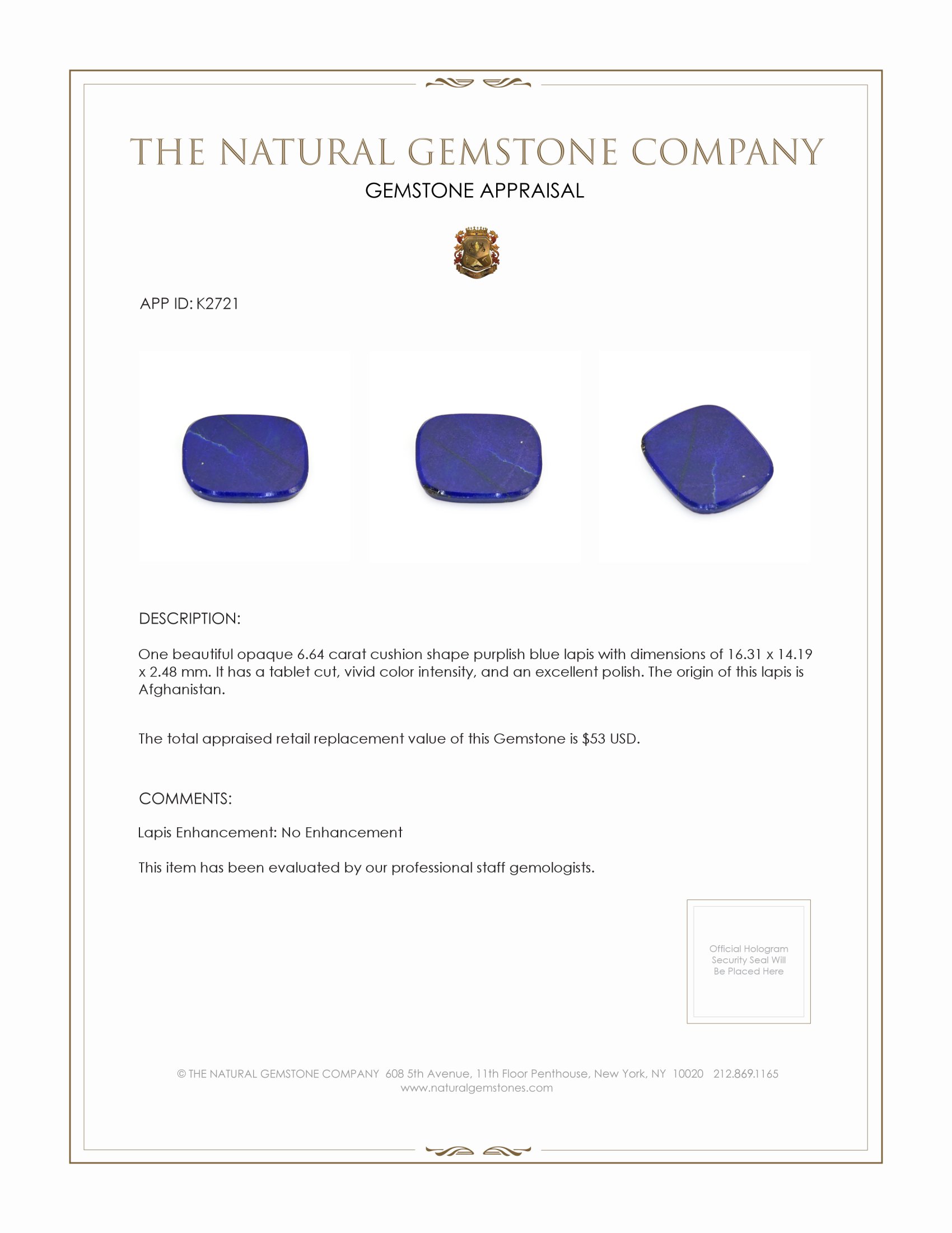 6.64 Ct. Lapis from Afghanistan