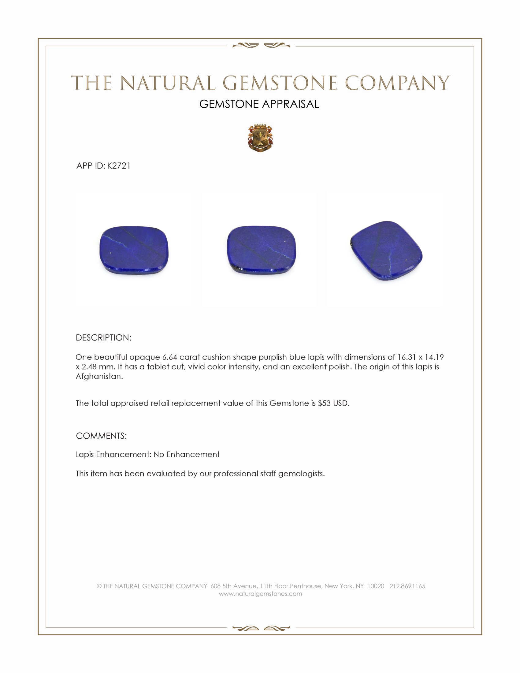 6.64 Ct. Lapis from Afghanistan