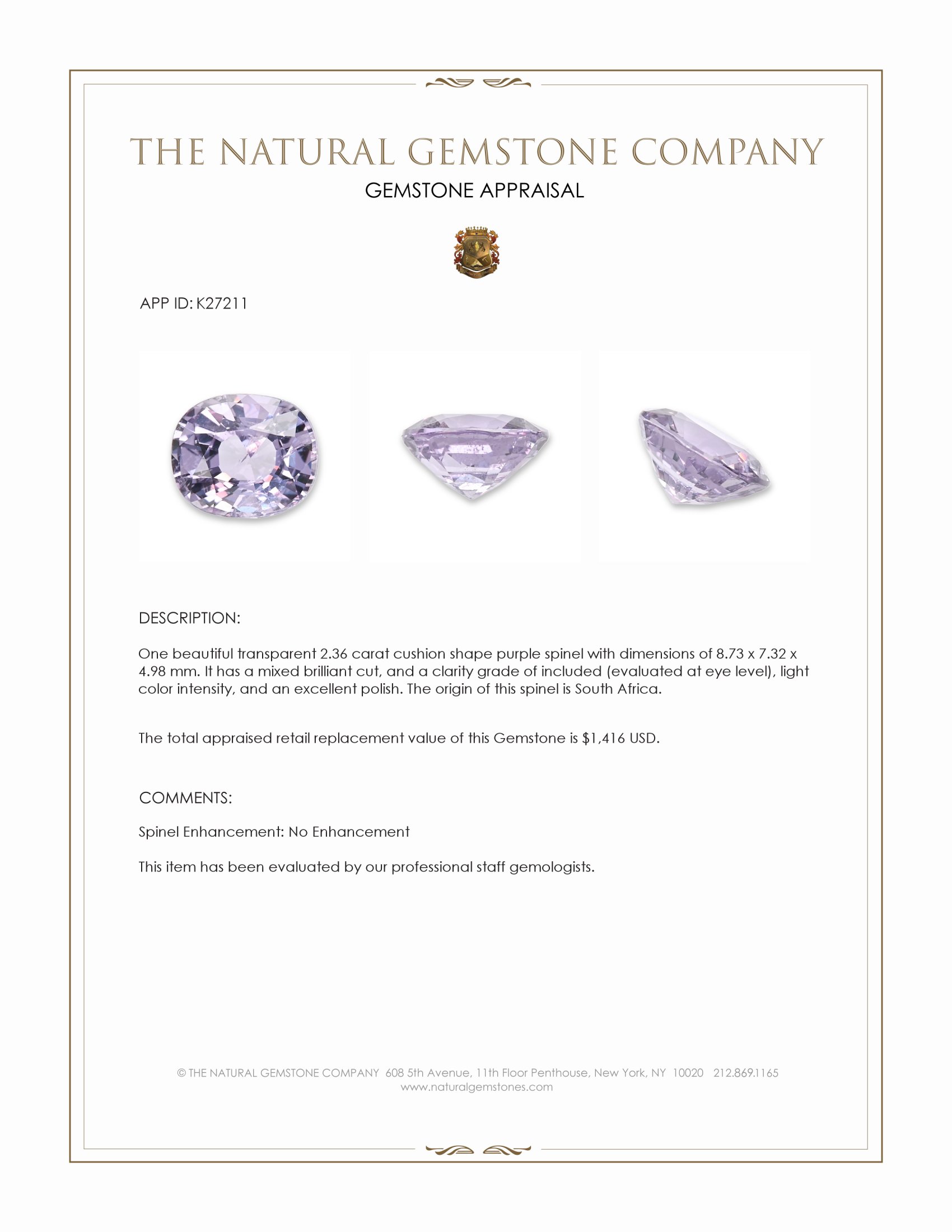2.36 Ct. Purple Spinel from South Africa