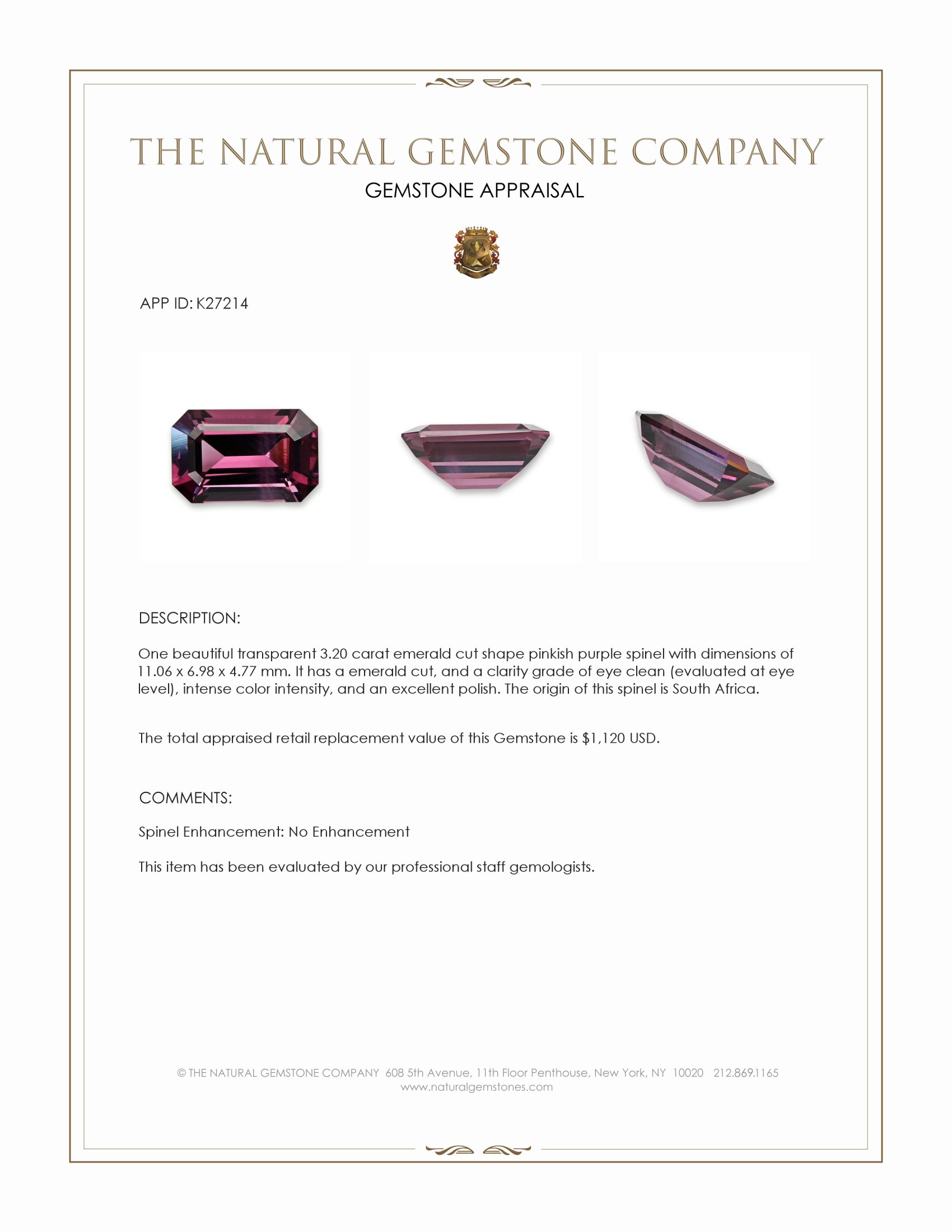 3.20 Ct. Pinkish Purple Spinel from South Africa