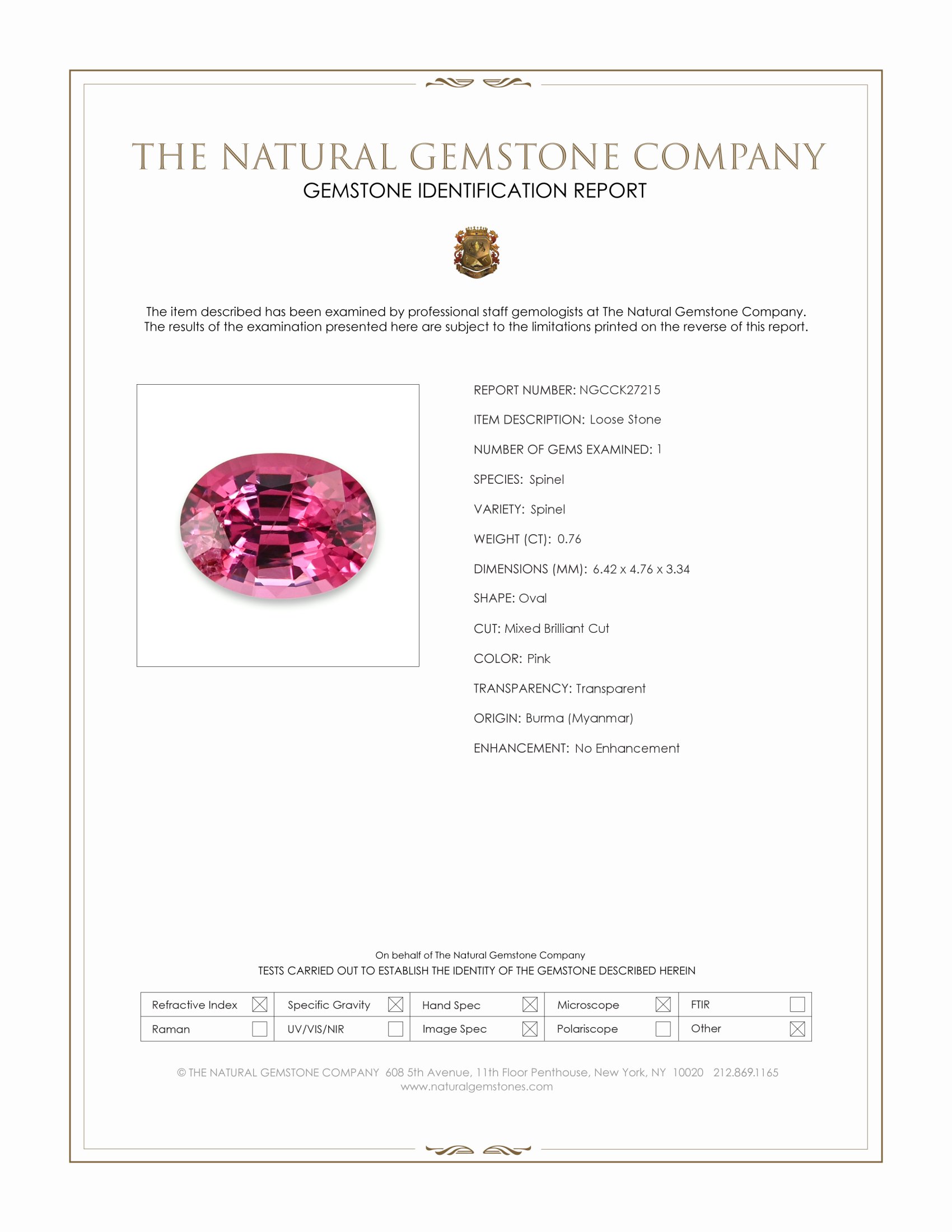 0.76 Ct. Pink Spinel from Burma (Myanmar)