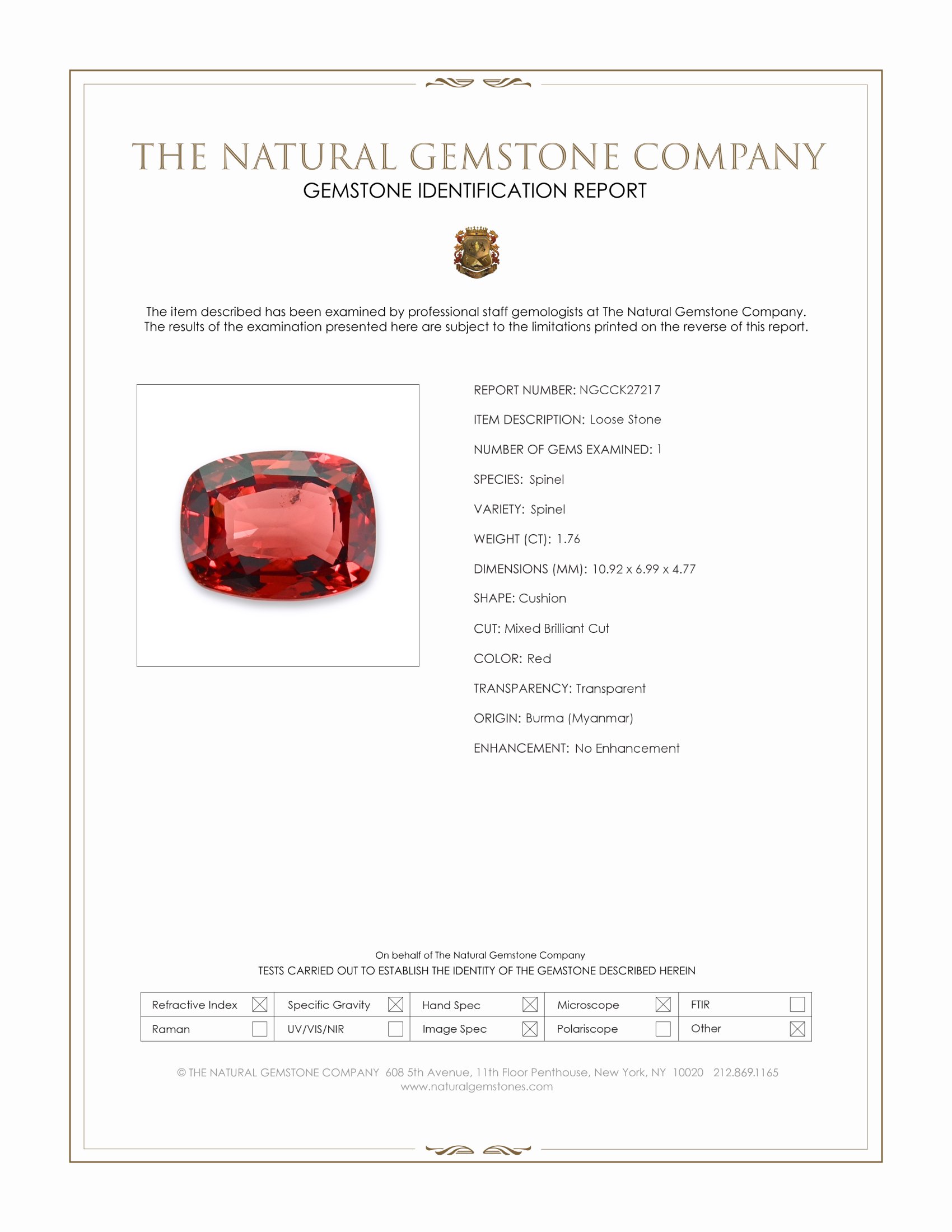 1.76 Ct. Red Spinel from Burma (Myanmar)