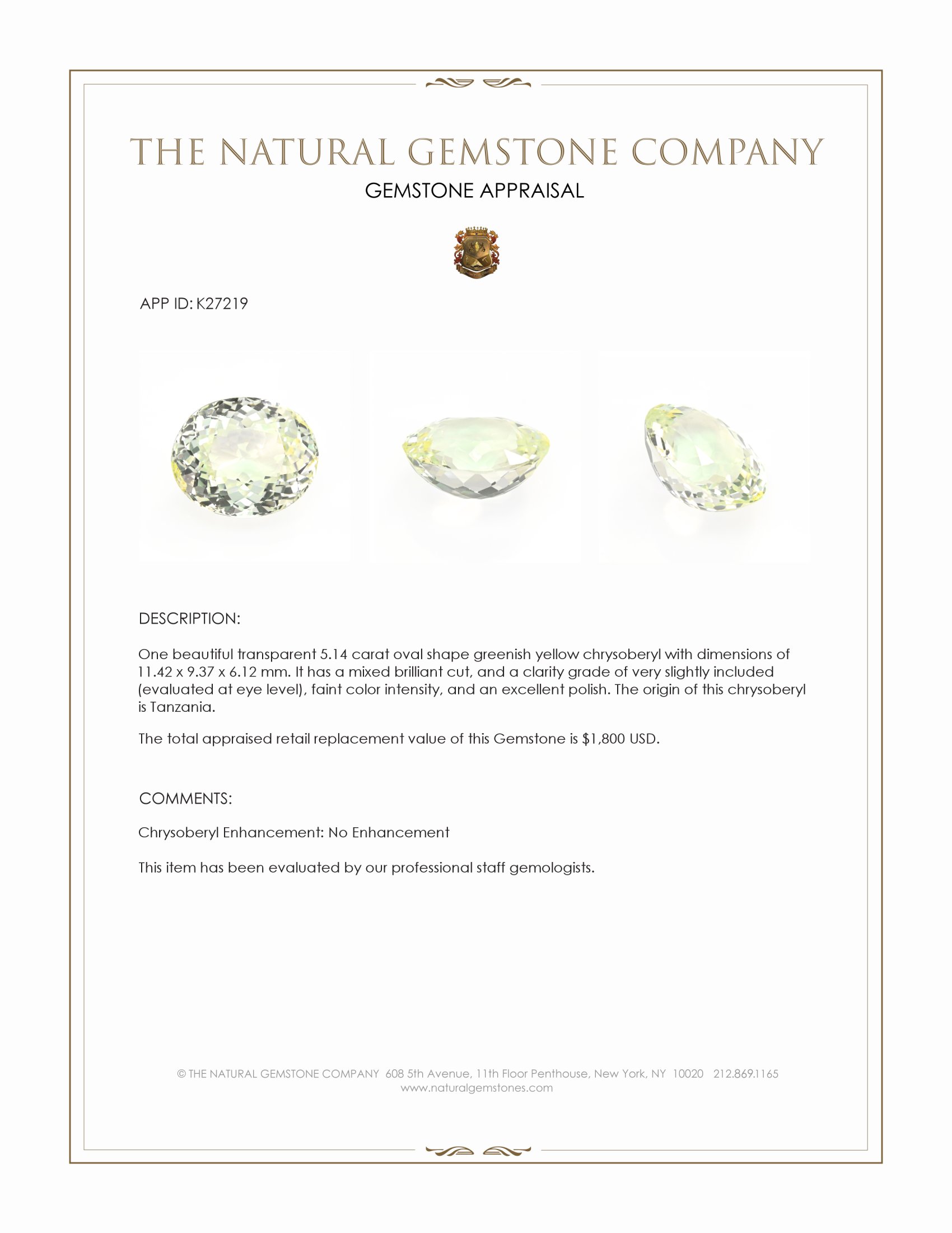 5.14 Ct. Greenish Yellow Chrysoberyl from Tanzania