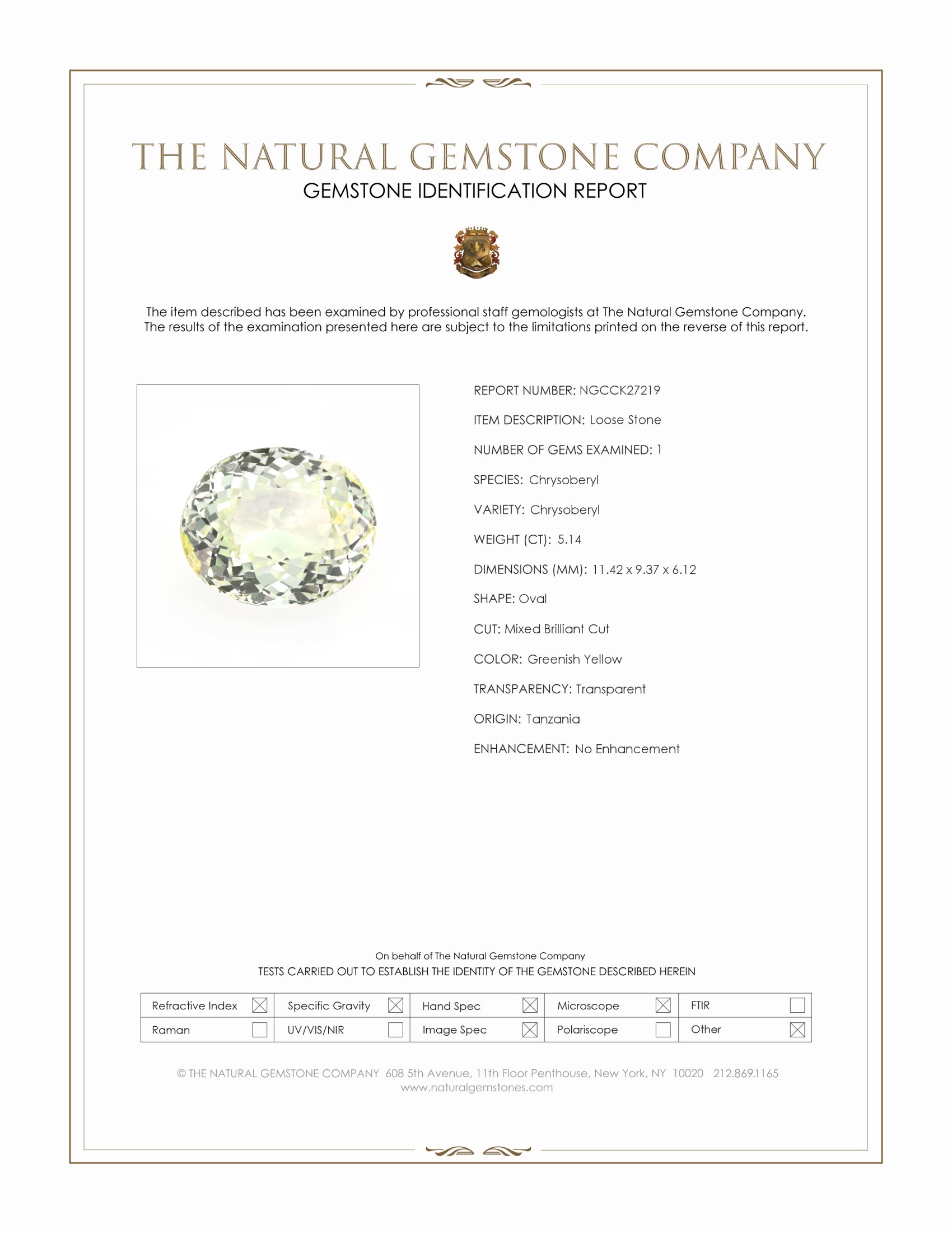 5.14 Ct. Greenish Yellow Chrysoberyl from Tanzania