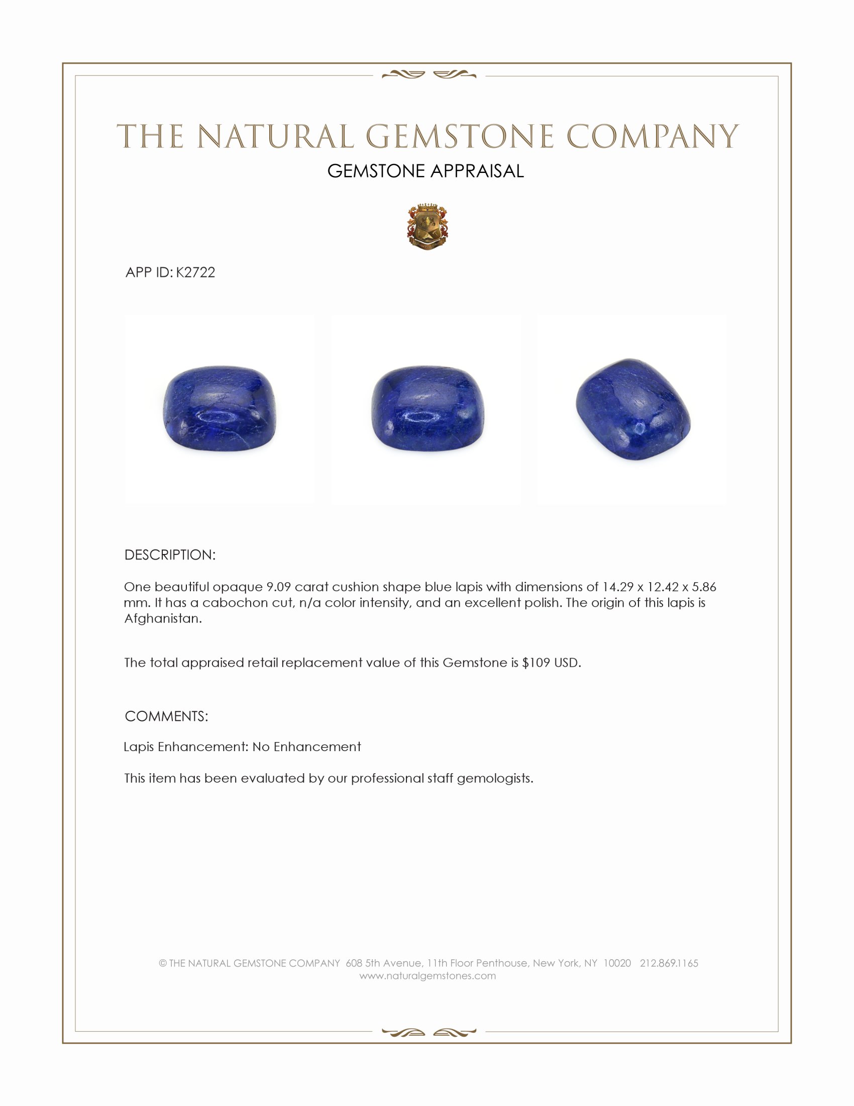 9.09 Ct. Cabochon Lapis from Afghanistan