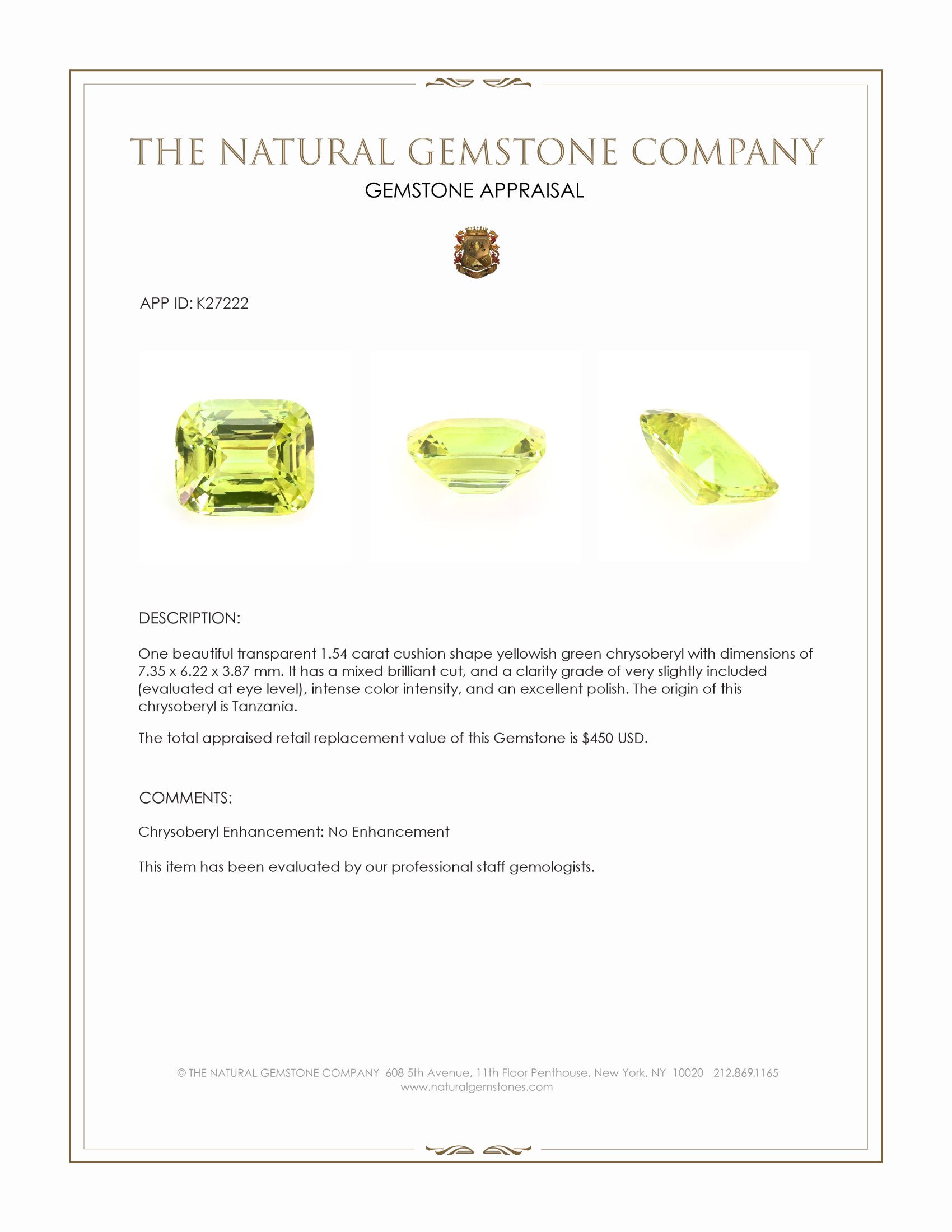 1.54 Ct. Yellowish Green Chrysoberyl from Tanzania