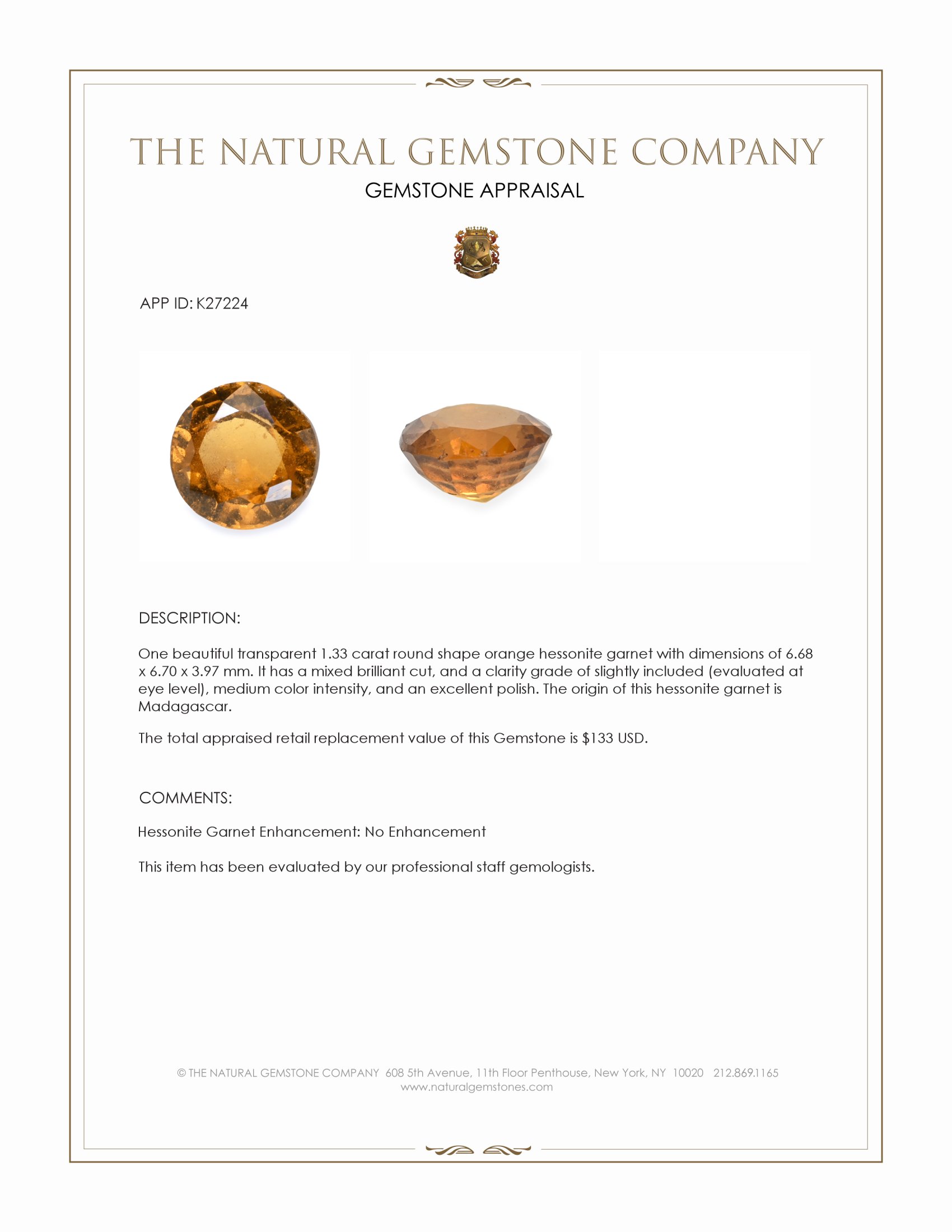 1.33 Ct. Orange Hessonite Garnet from Madagascar