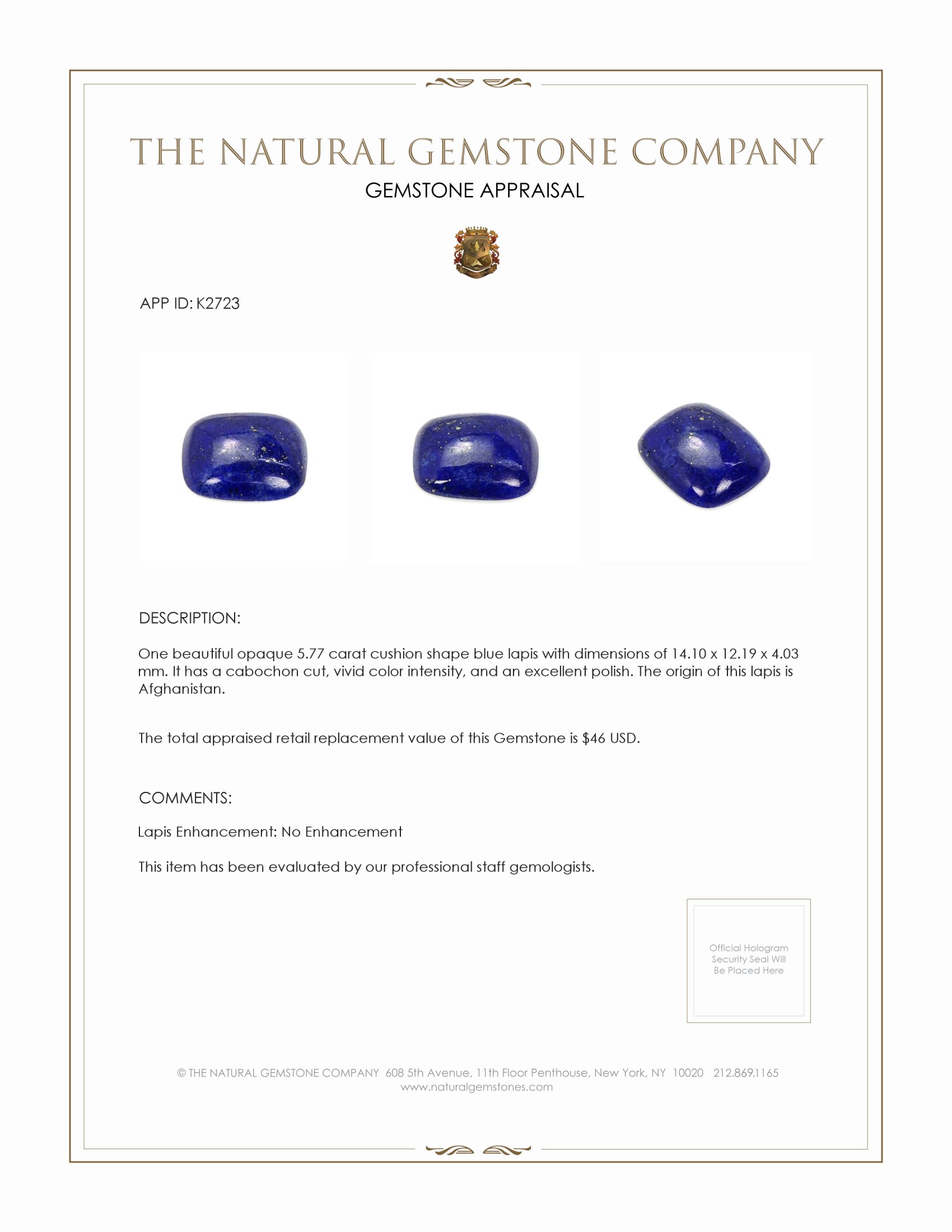 5.77 Ct. Cabochon Lapis from Afghanistan