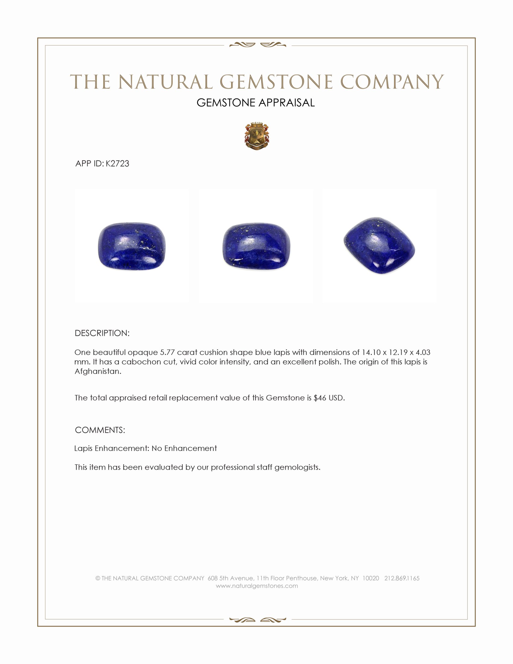 5.77 Ct. Cabochon Lapis from Afghanistan