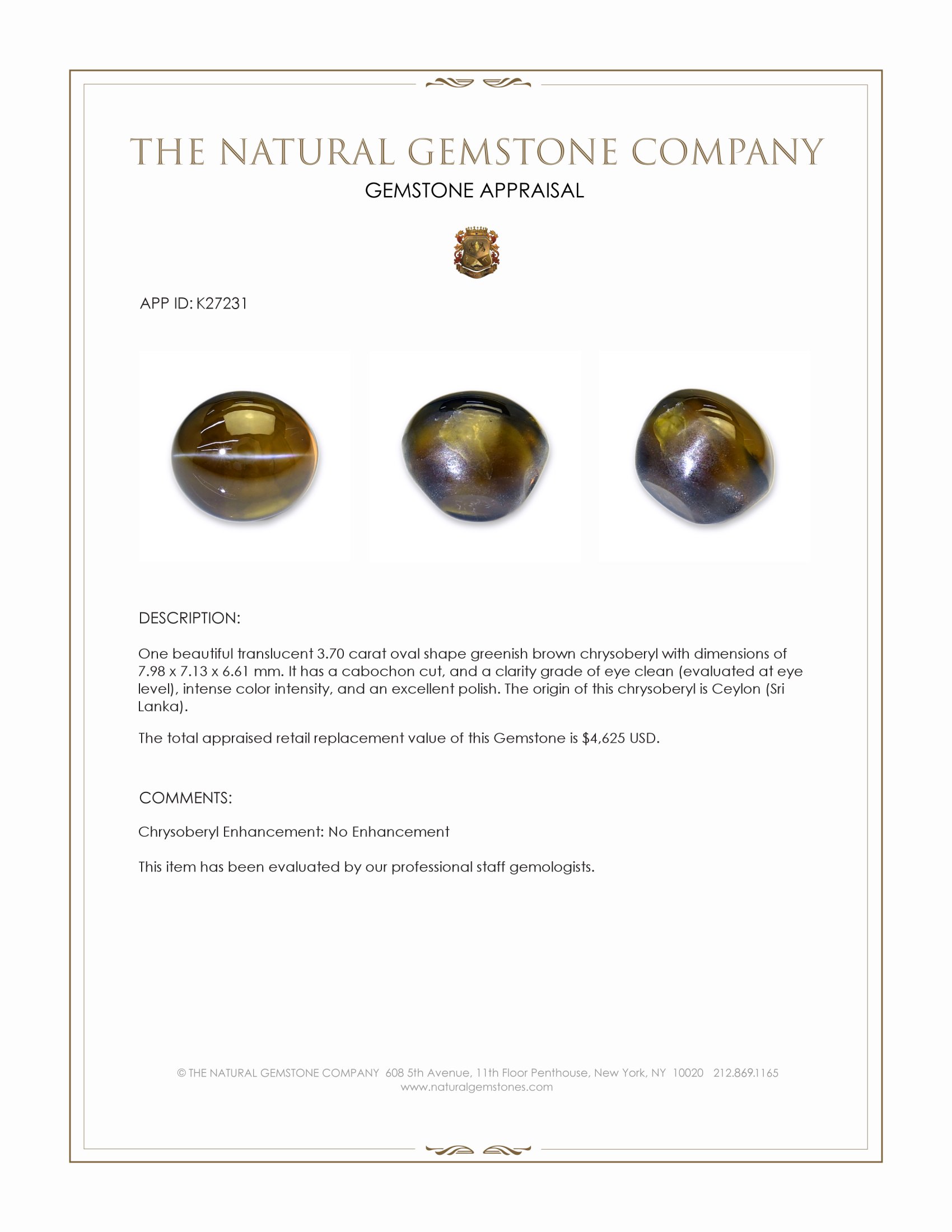 3.70 Ct. Greenish Brown Cabochon Chrysoberyl from Ceylon (Sri Lanka)