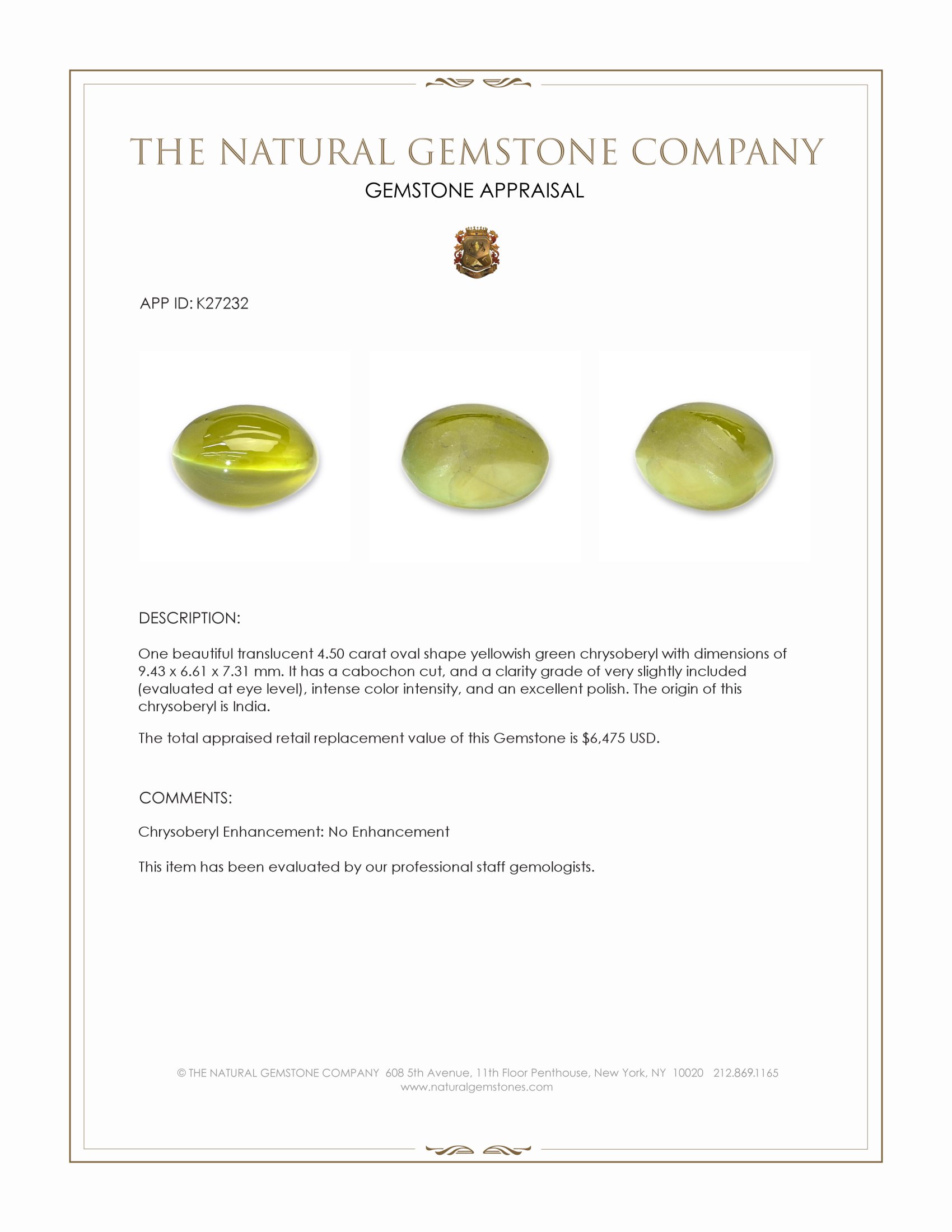 4.50 Ct. Yellowish Green Cabochon Chrysoberyl from India