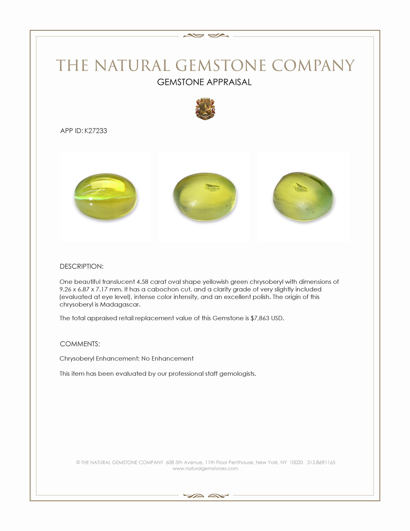 4.58 Ct. Yellowish Green Cabochon Chrysoberyl from Madagascar