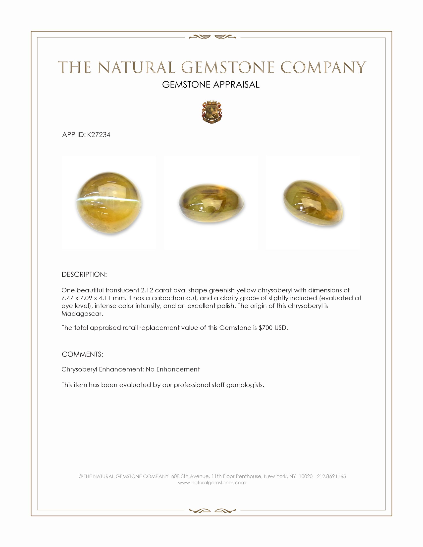 2.12 Ct. Greenish Yellow Cabochon Chrysoberyl from Madagascar
