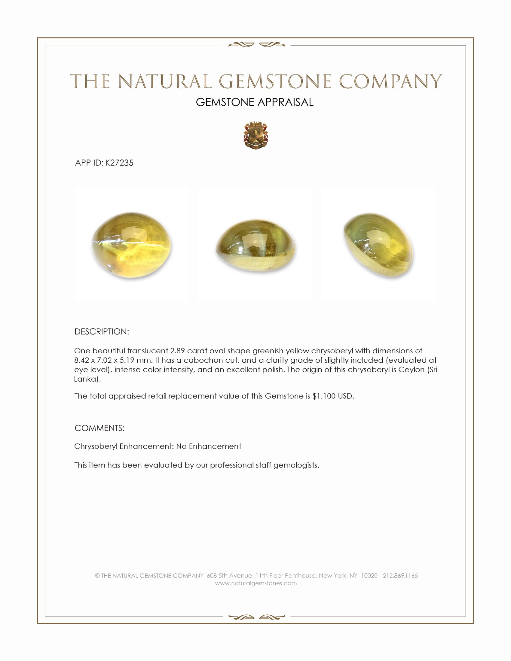 2.89 Ct. Greenish Yellow Cabochon Chrysoberyl from Ceylon (Sri Lanka)