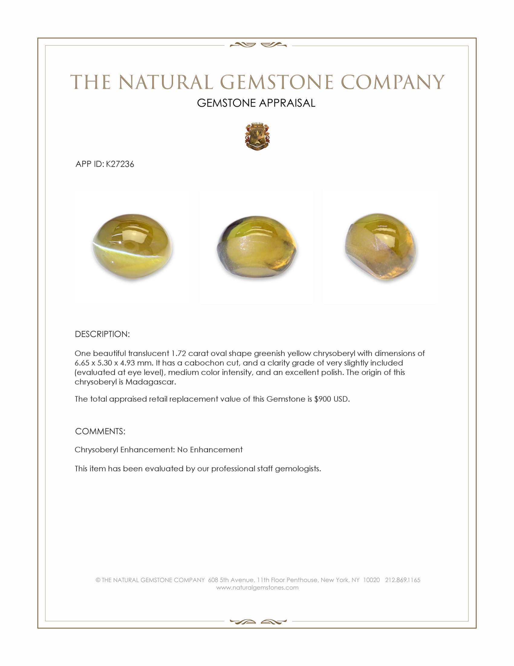 1.72 Ct. Greenish Yellow Cabochon Chrysoberyl from Madagascar