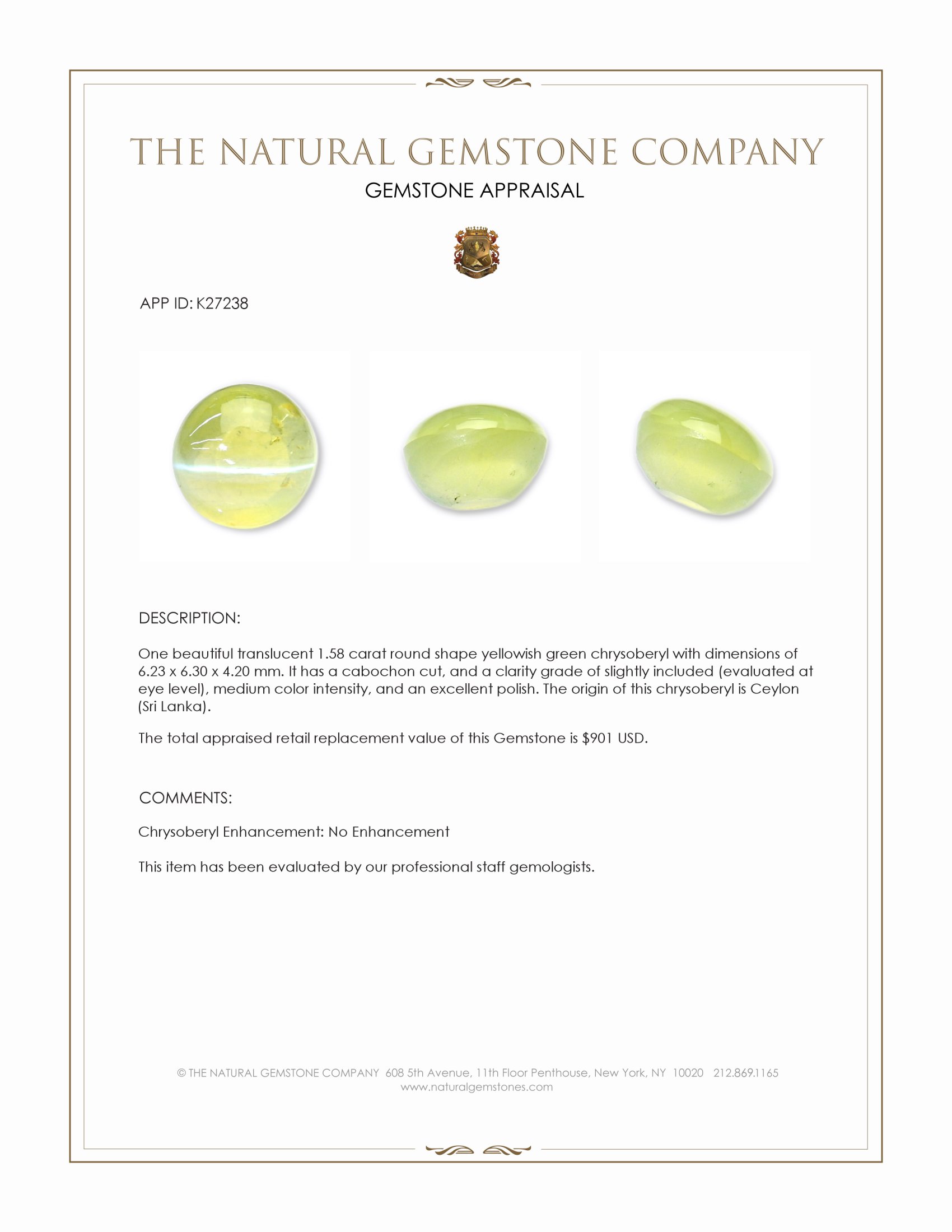 1.58 Ct. Yellowish Green Cabochon Chrysoberyl from Ceylon (Sri Lanka)