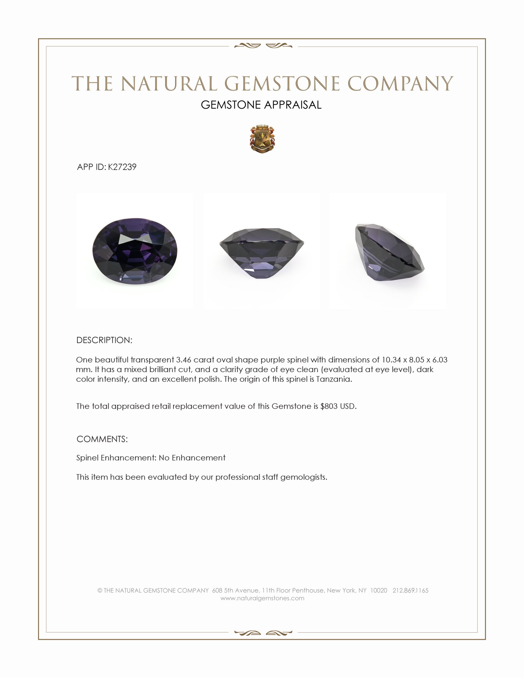 3.46 Ct. Purple Spinel from Tanzania