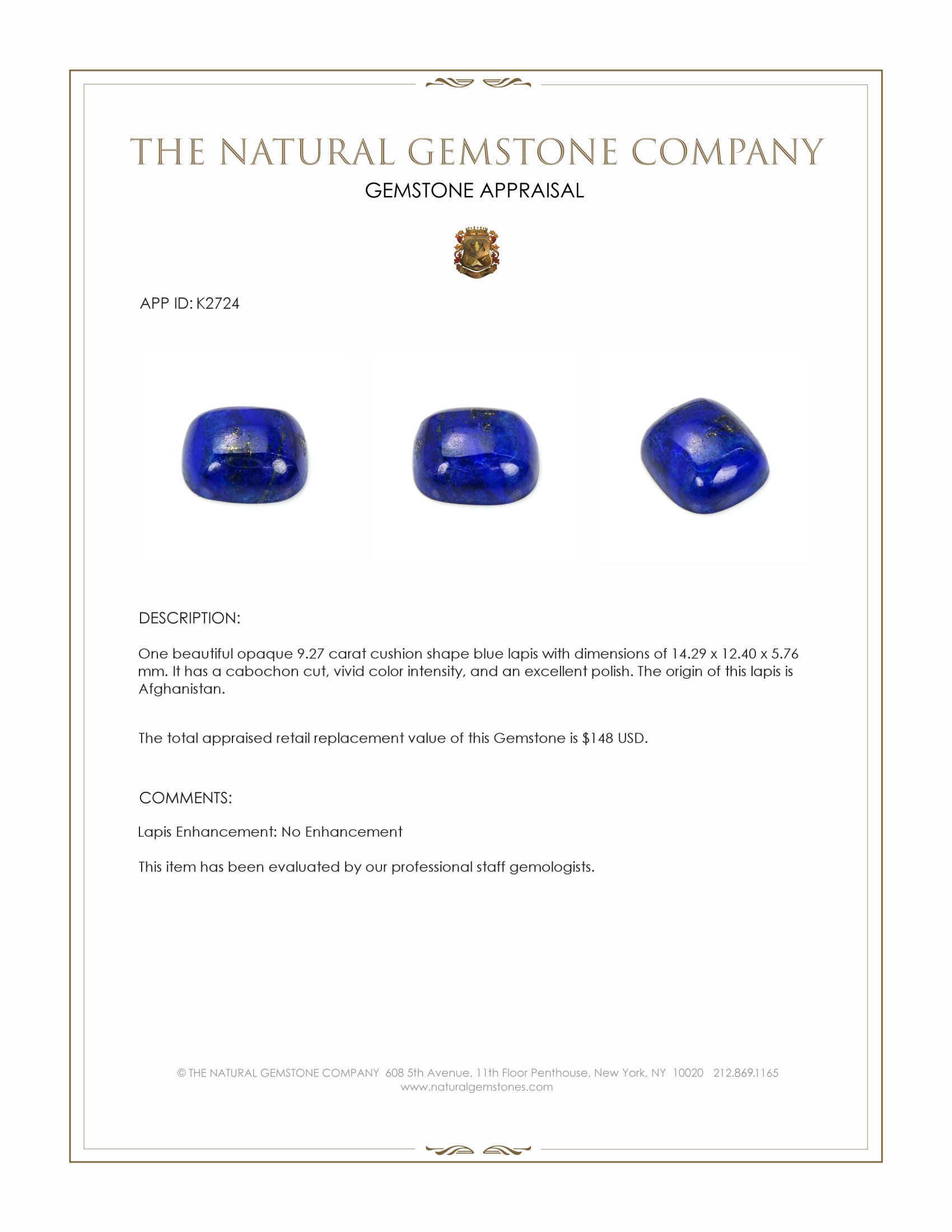 9.27 Ct. Cabochon Lapis from Afghanistan
