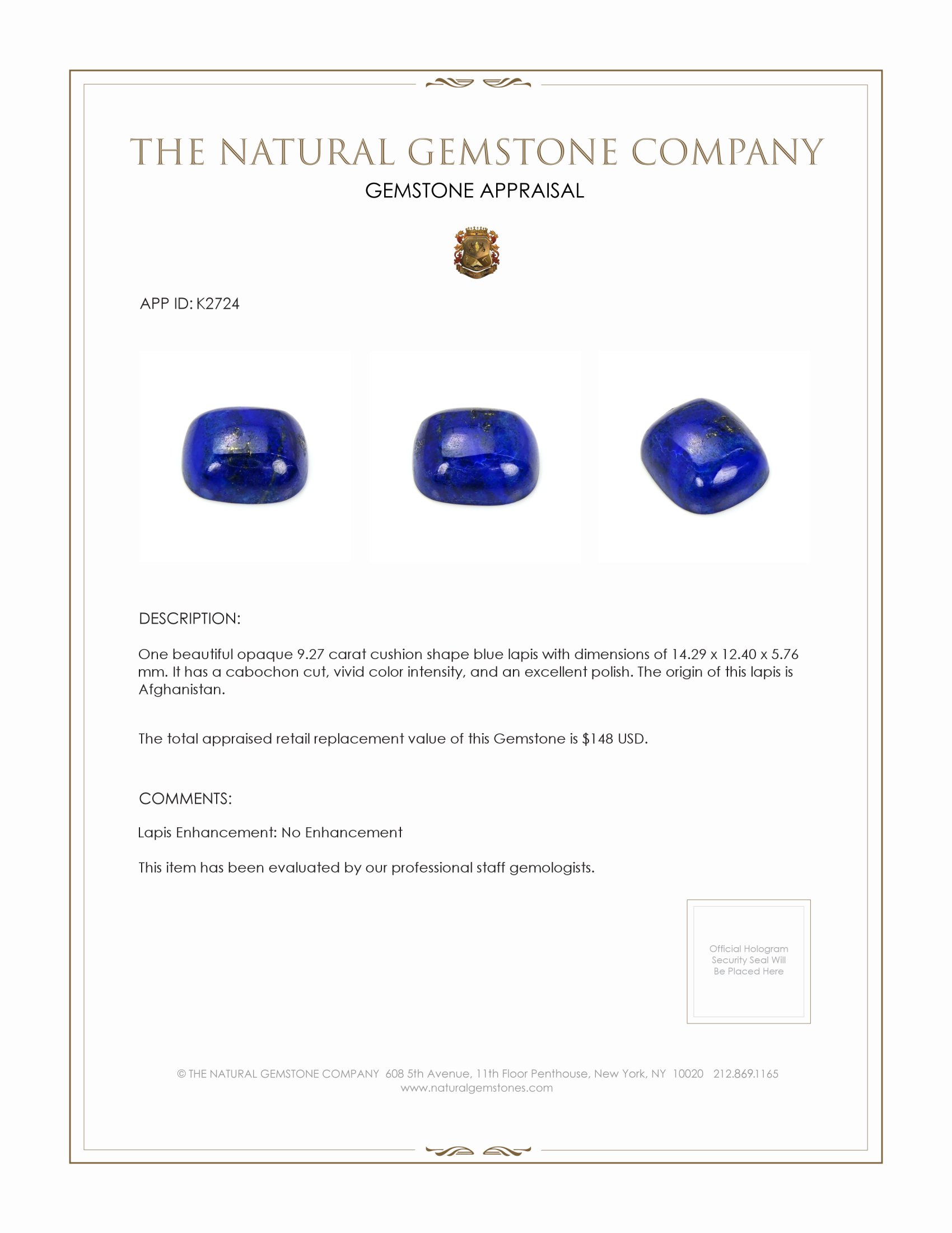 9.27 Ct. Cabochon Lapis from Afghanistan