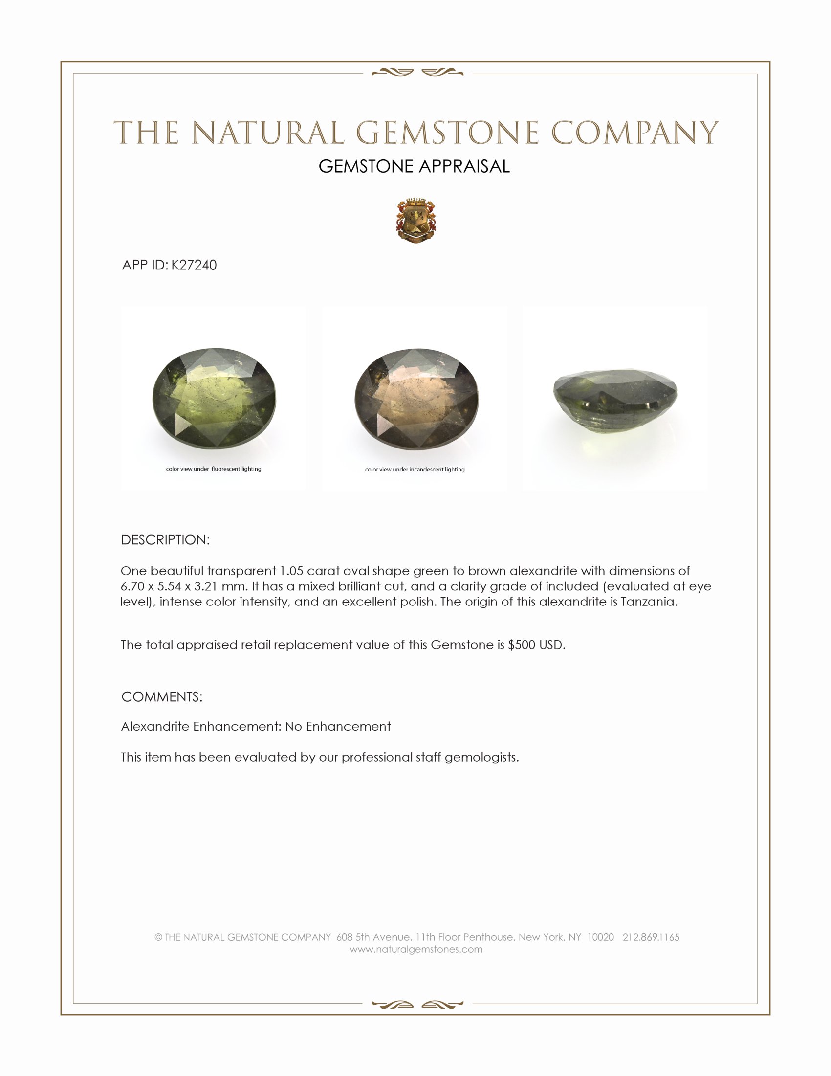 1.05 Ct. Alexandrite from Tanzania