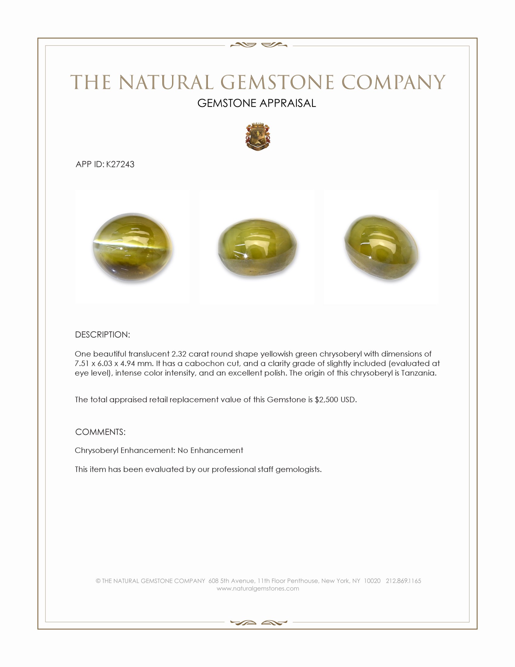 2.32 Ct. Yellowish Green Cabochon Chrysoberyl from Tanzania