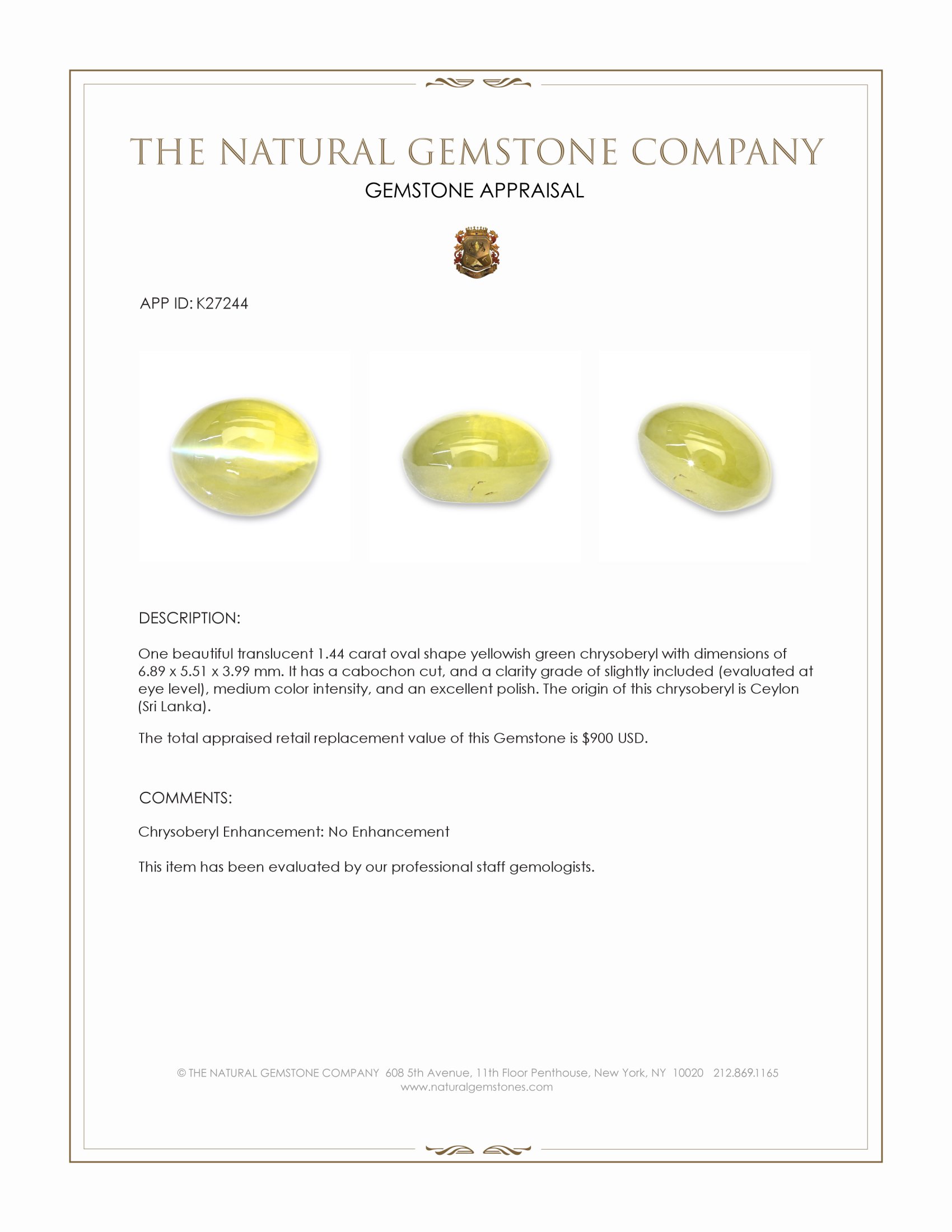 1.44 Ct. Yellowish Green Cabochon Chrysoberyl from Ceylon (Sri Lanka)