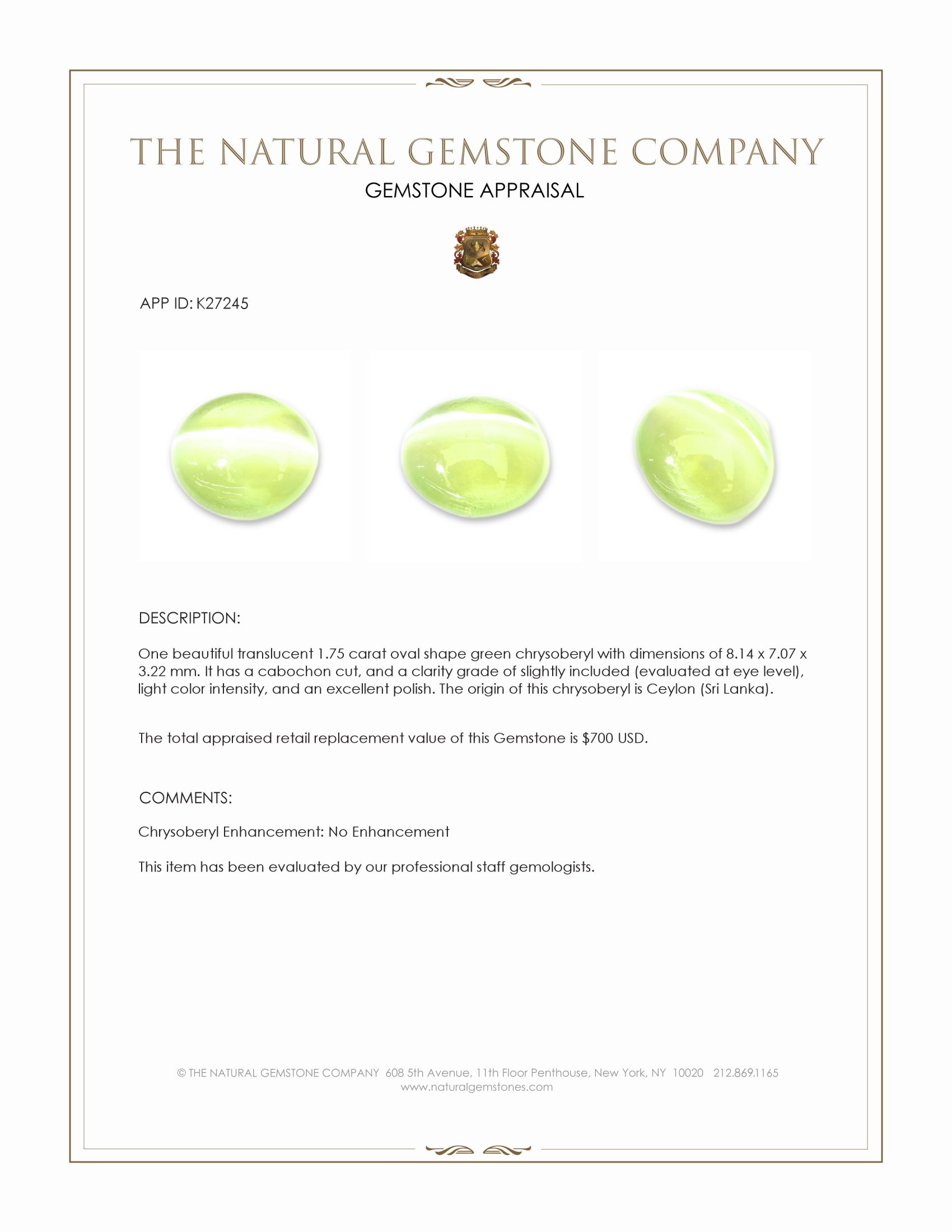 1.75 Ct. Green Cabochon Chrysoberyl from Ceylon (Sri Lanka)