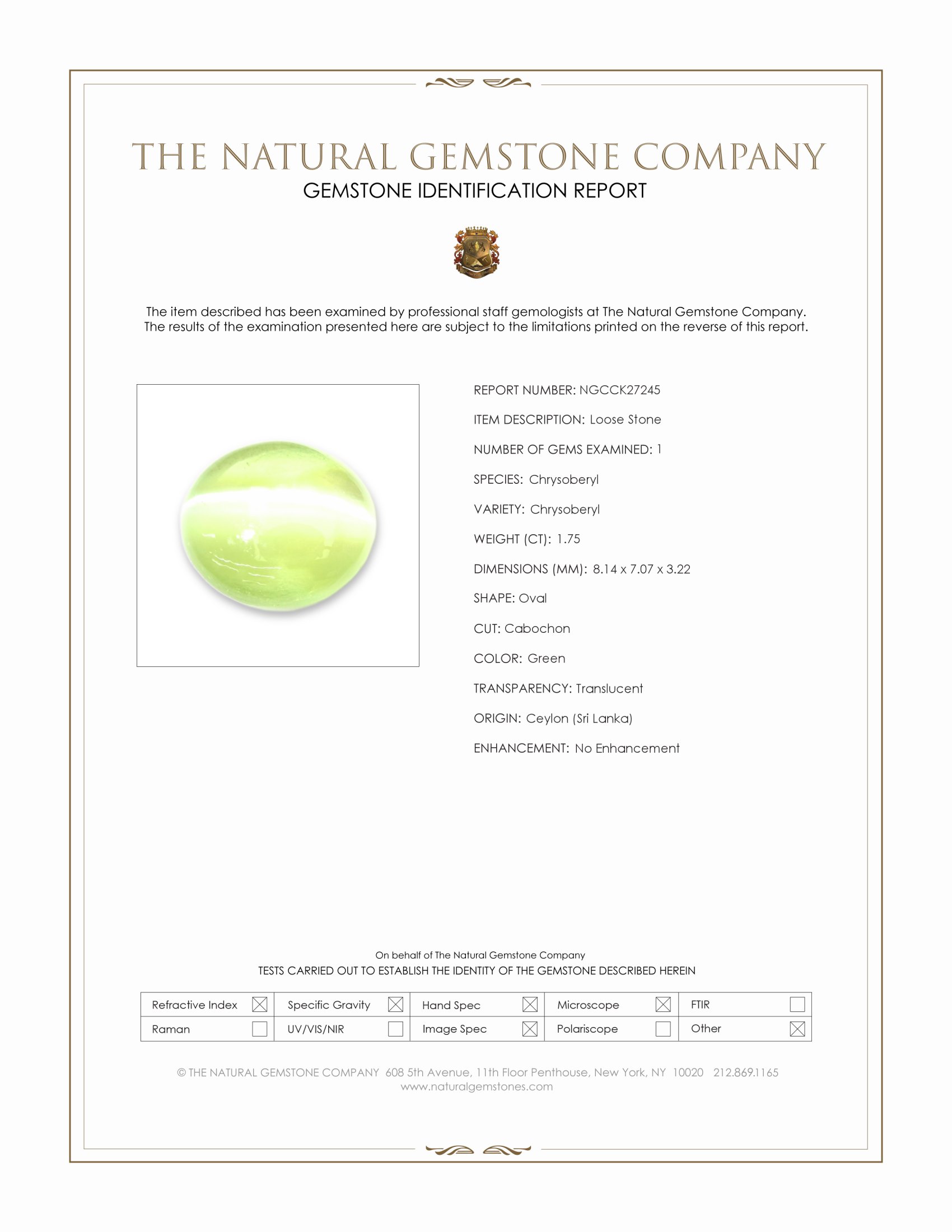 1.75 Ct. Green Cabochon Chrysoberyl from Ceylon (Sri Lanka)