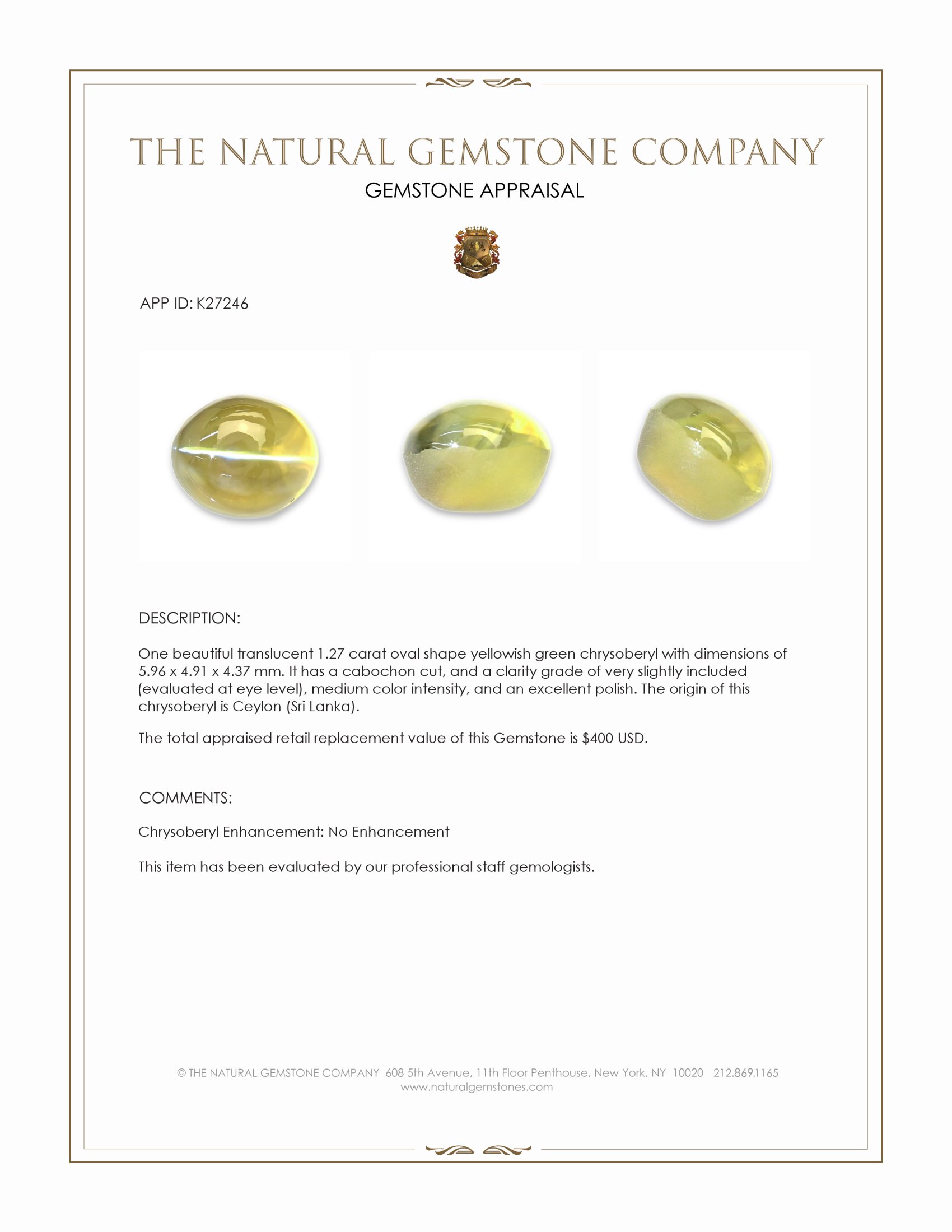 1.27 Ct. Yellowish Green Cabochon Chrysoberyl from Ceylon (Sri Lanka)