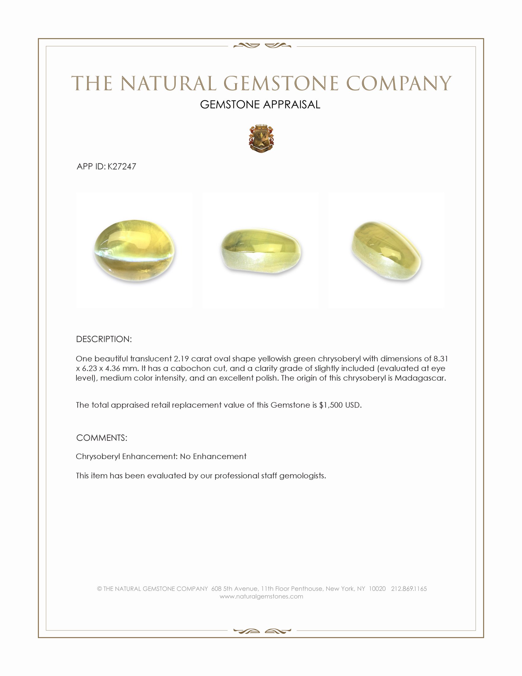 2.19 Ct. Yellowish Green Cabochon Chrysoberyl from Madagascar